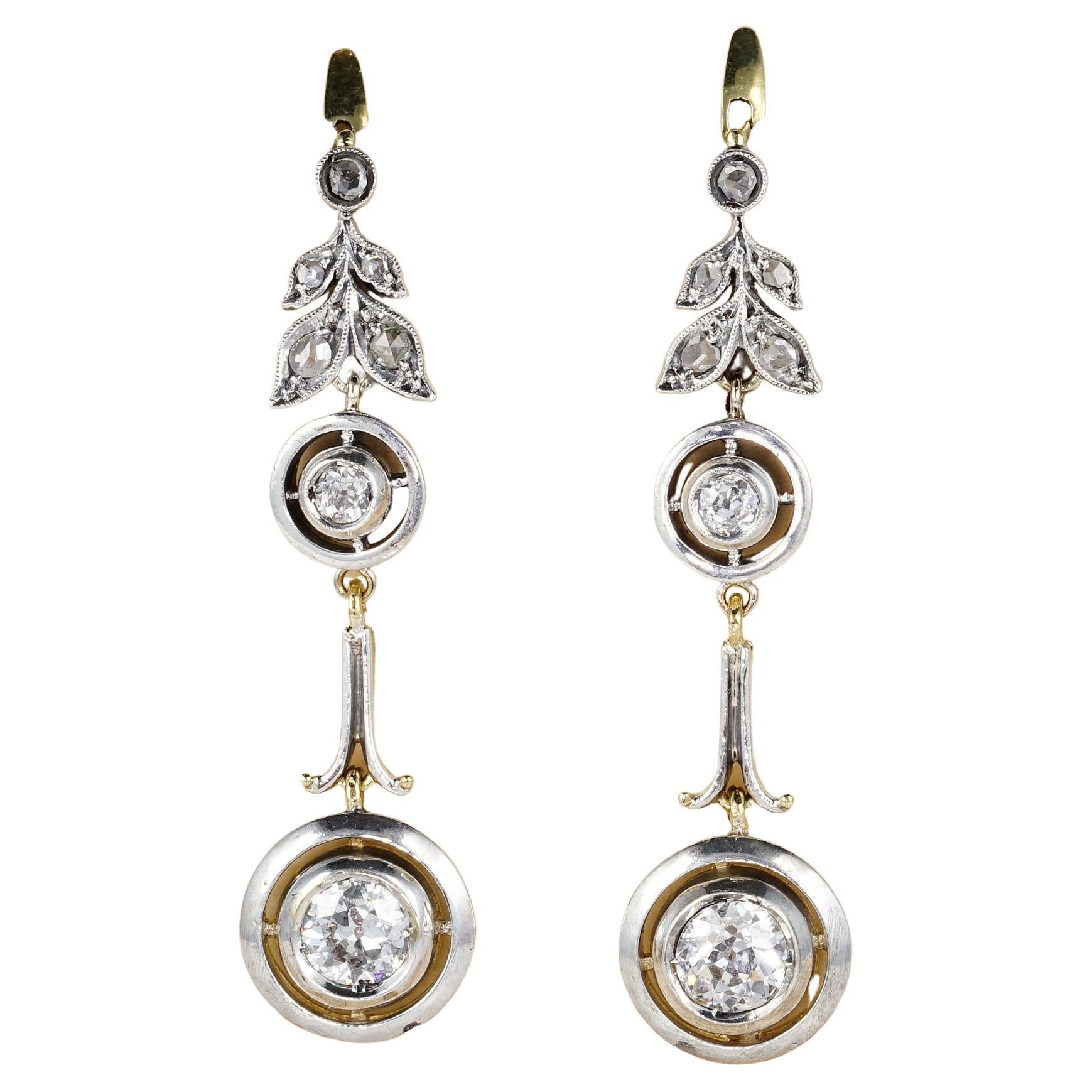 Art Nouveau 1.70 Ct Diamond 18KT Long Drop Earrings For Sale