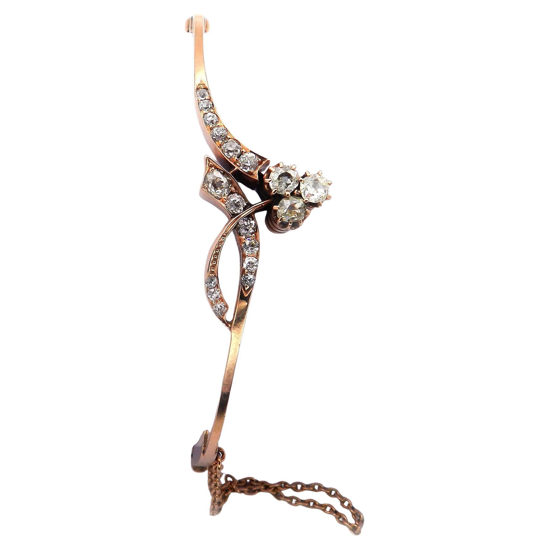 Taglio antico europeo Bangle in oro 14K con diamante da 1,75 carati, Art Nouveau, 1890 circa in vendita
