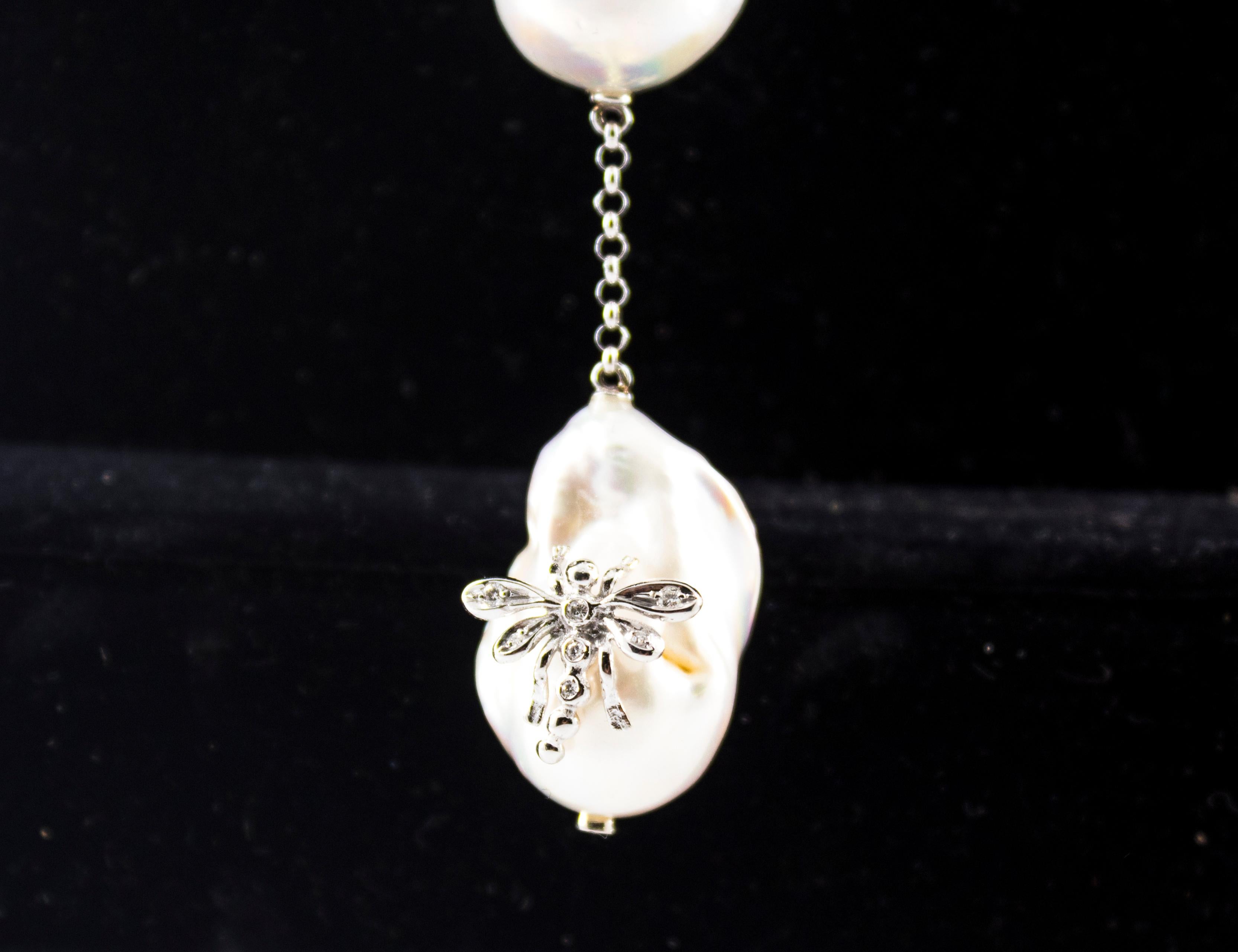 Art Nouveau 1.75 Carat White Diamond Pearl White Gold Beaded Drop Necklace In New Condition In Naples, IT