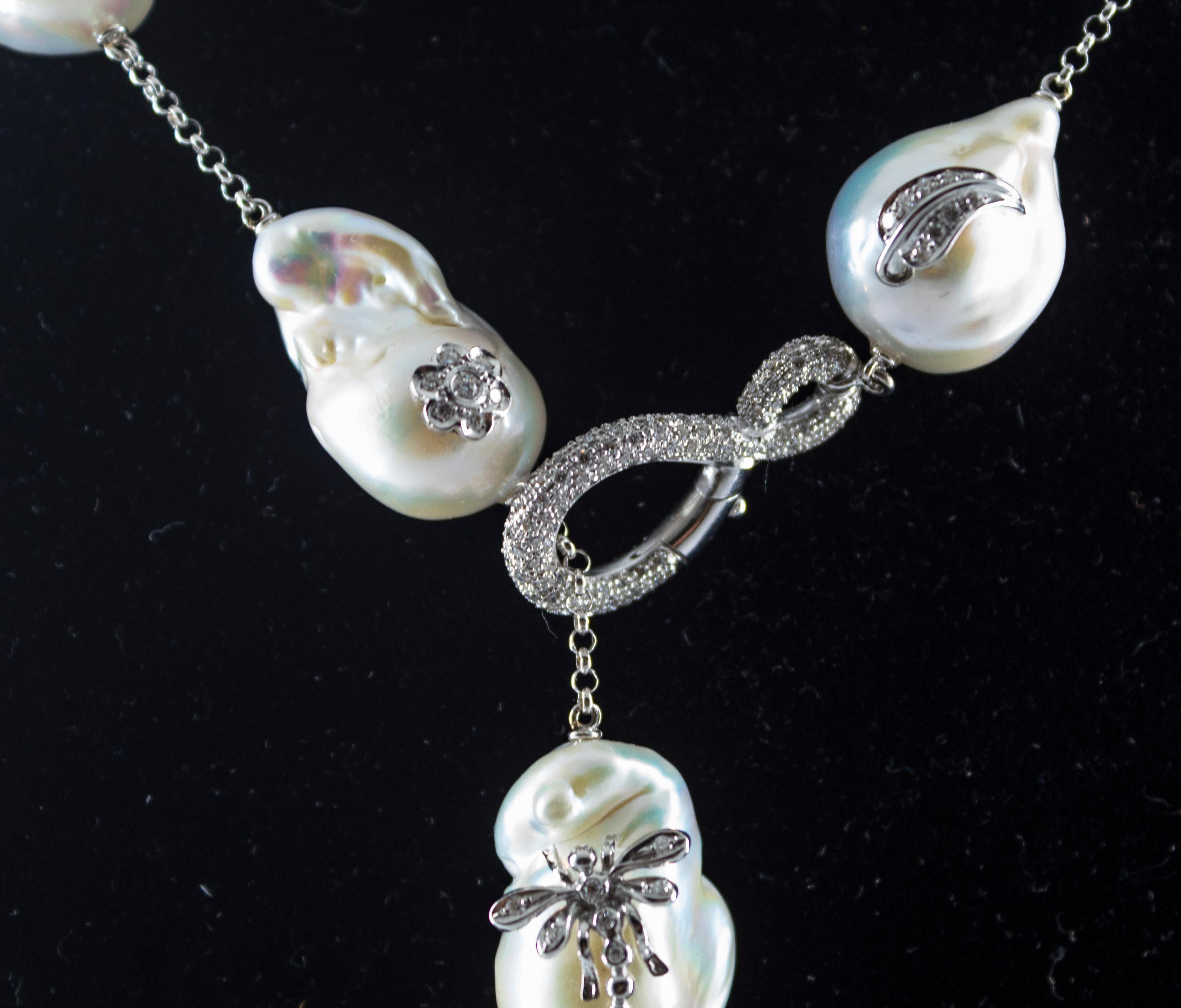 Art Nouveau 1.75 Carat White Diamond Pearl White Gold Beaded Drop Necklace 3