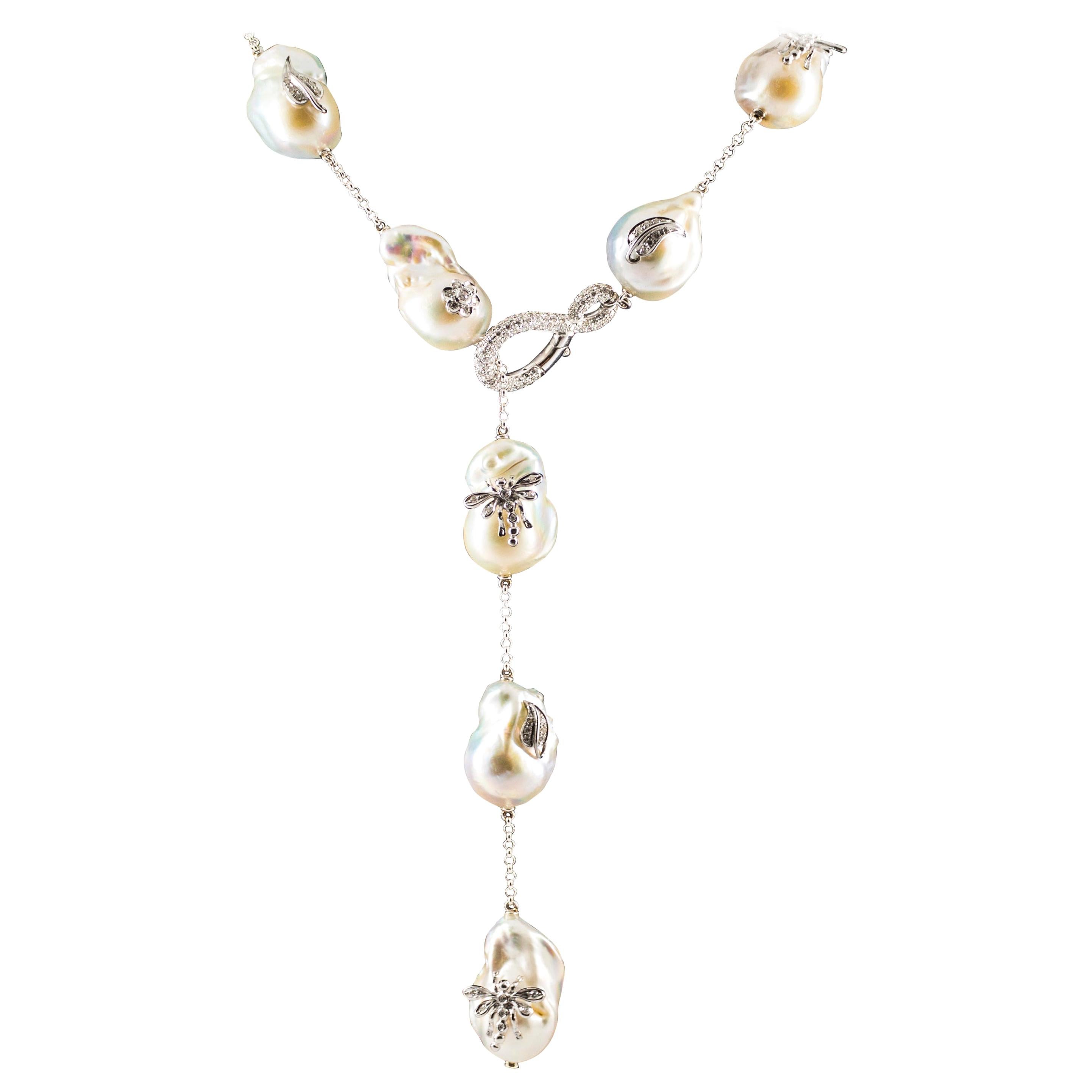 Art Nouveau 1.75 Carat White Diamond Pearl White Gold Beaded Drop Necklace