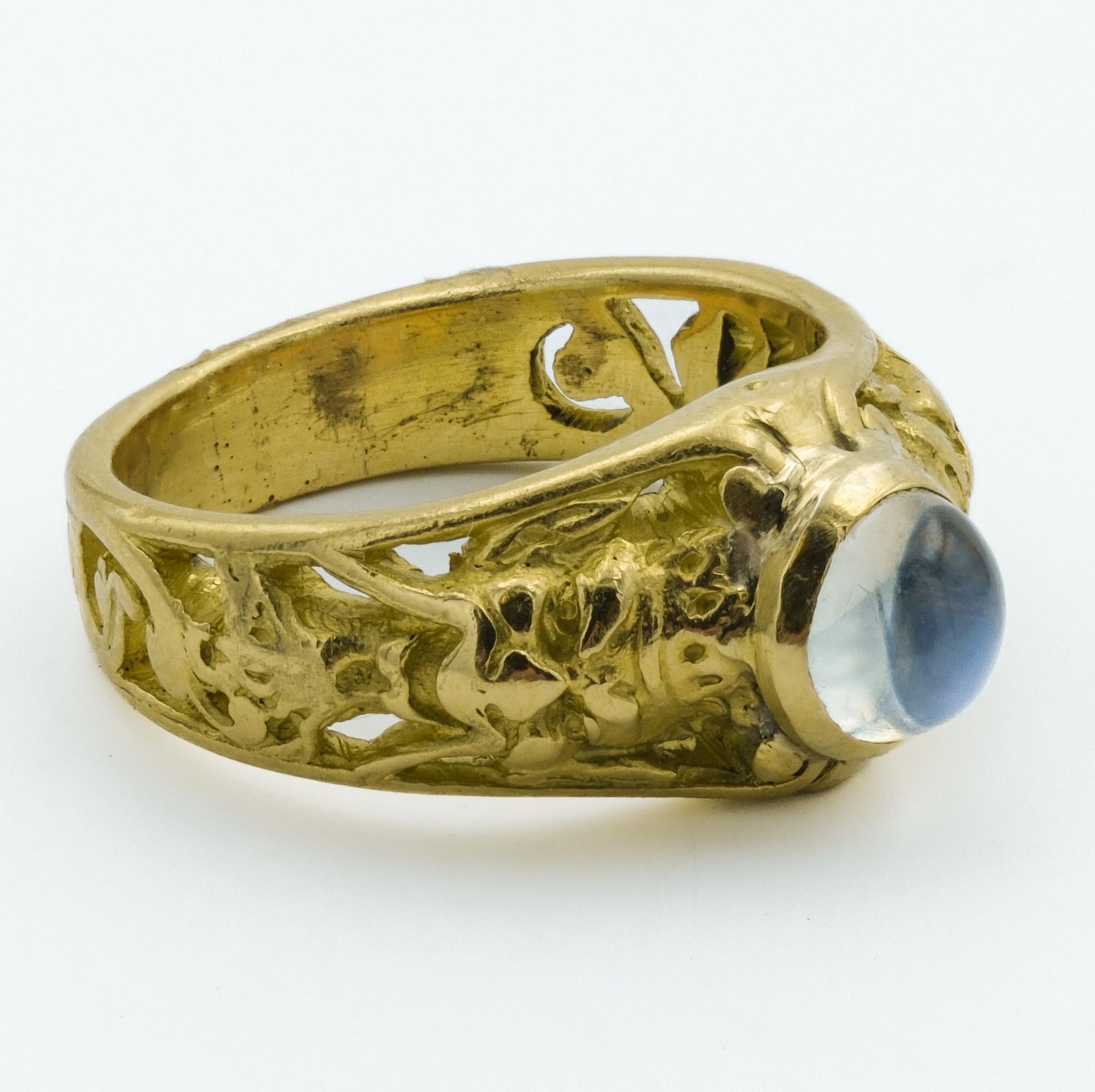 Women's or Men's Art Nouveau 18 Karat Devil Carved Figural Ring With Moonstone