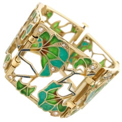Antique Art Nouveau 18 Karat Gold, Diamond and Plique-a-jour Enamel Bracelet