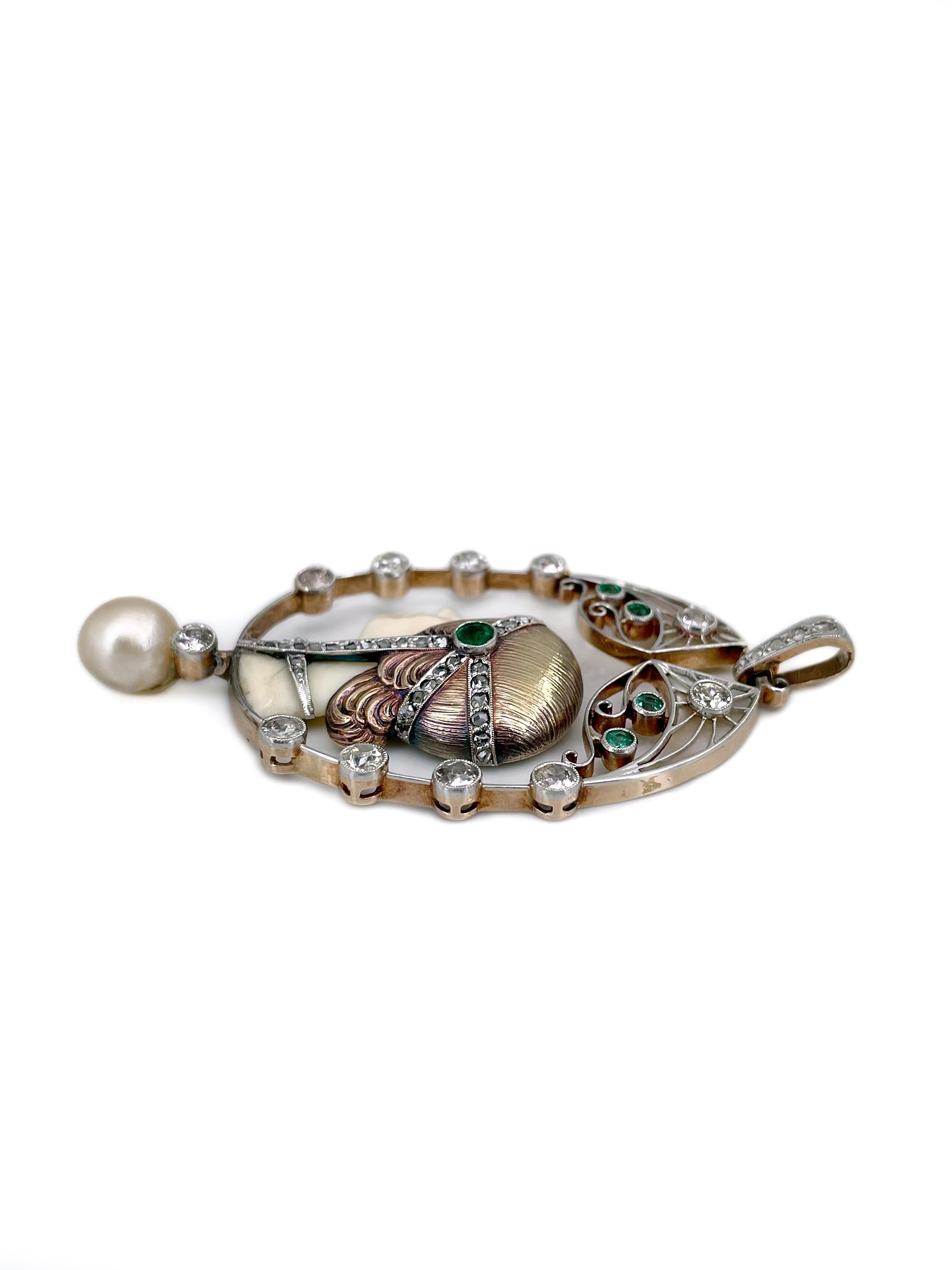 Ciondolo con ritratto di donna in stile Art Nouveau in oro 18 carati con diamante e smeraldo e perla smaltata In condizioni buone in vendita a Vilnius, Vilniaus apskr.
