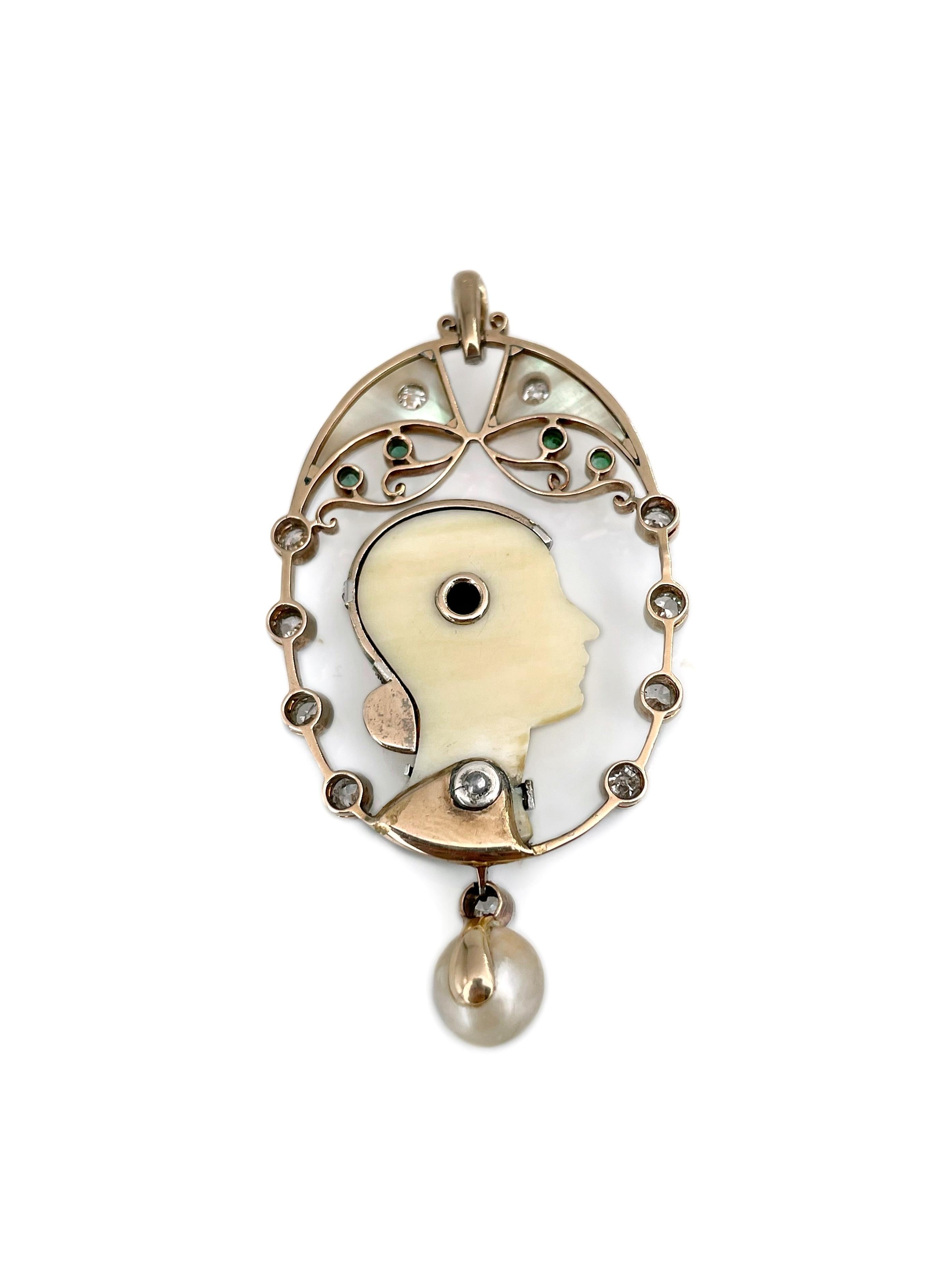 Donna Ciondolo con ritratto di donna in stile Art Nouveau in oro 18 carati con diamante e smeraldo e perla smaltata in vendita