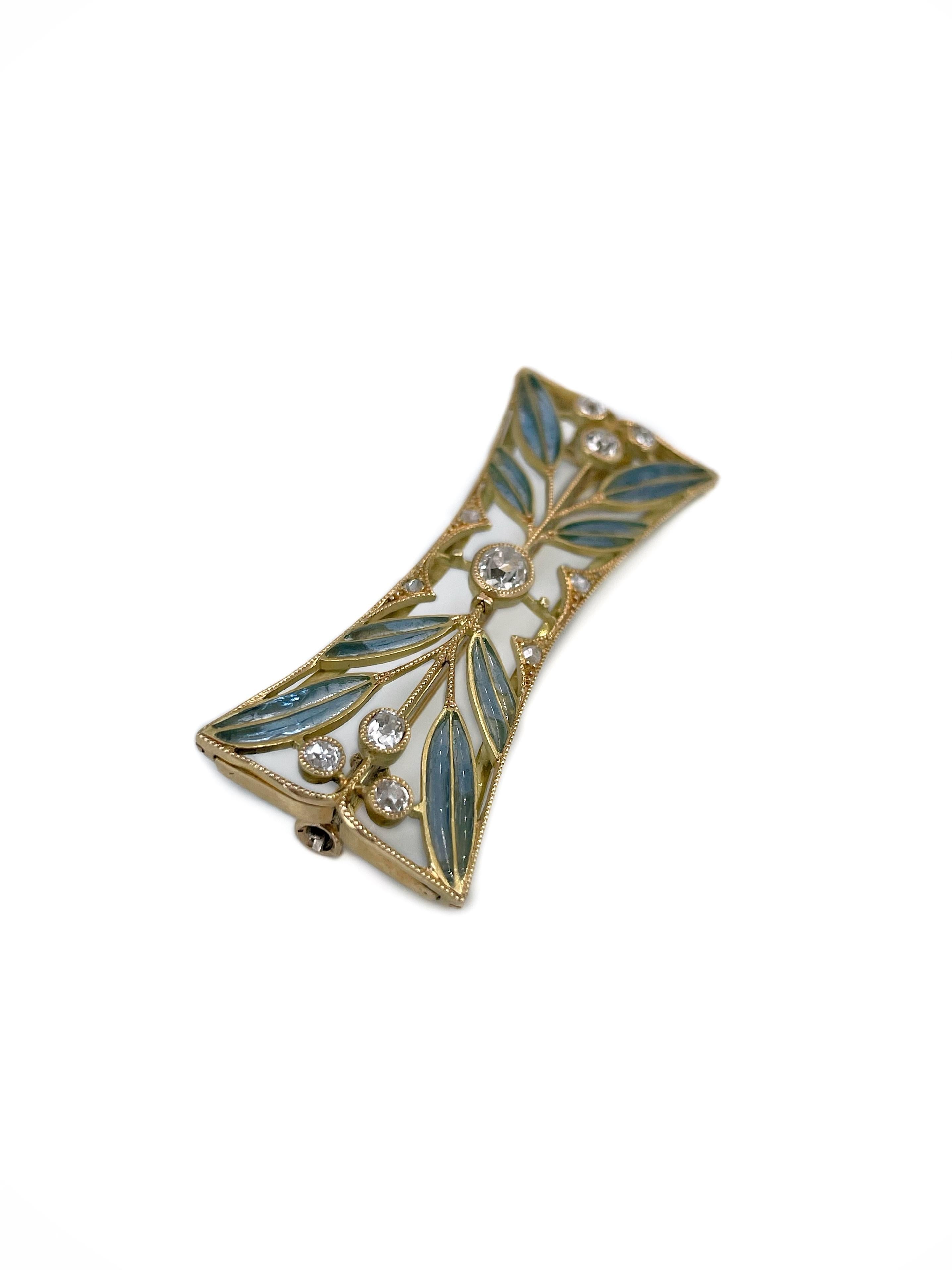 This is a lovely Art Nouveau floral motif pin brooch crafted in 18K yellow gold. Circa 1900.

The piece features old mine and rose cut diamonds. It is adorned with plique-à-jour enamel. 

Has a safe trombone clasp.

Weight: 7.60g
Length: 4.6cm
Width
