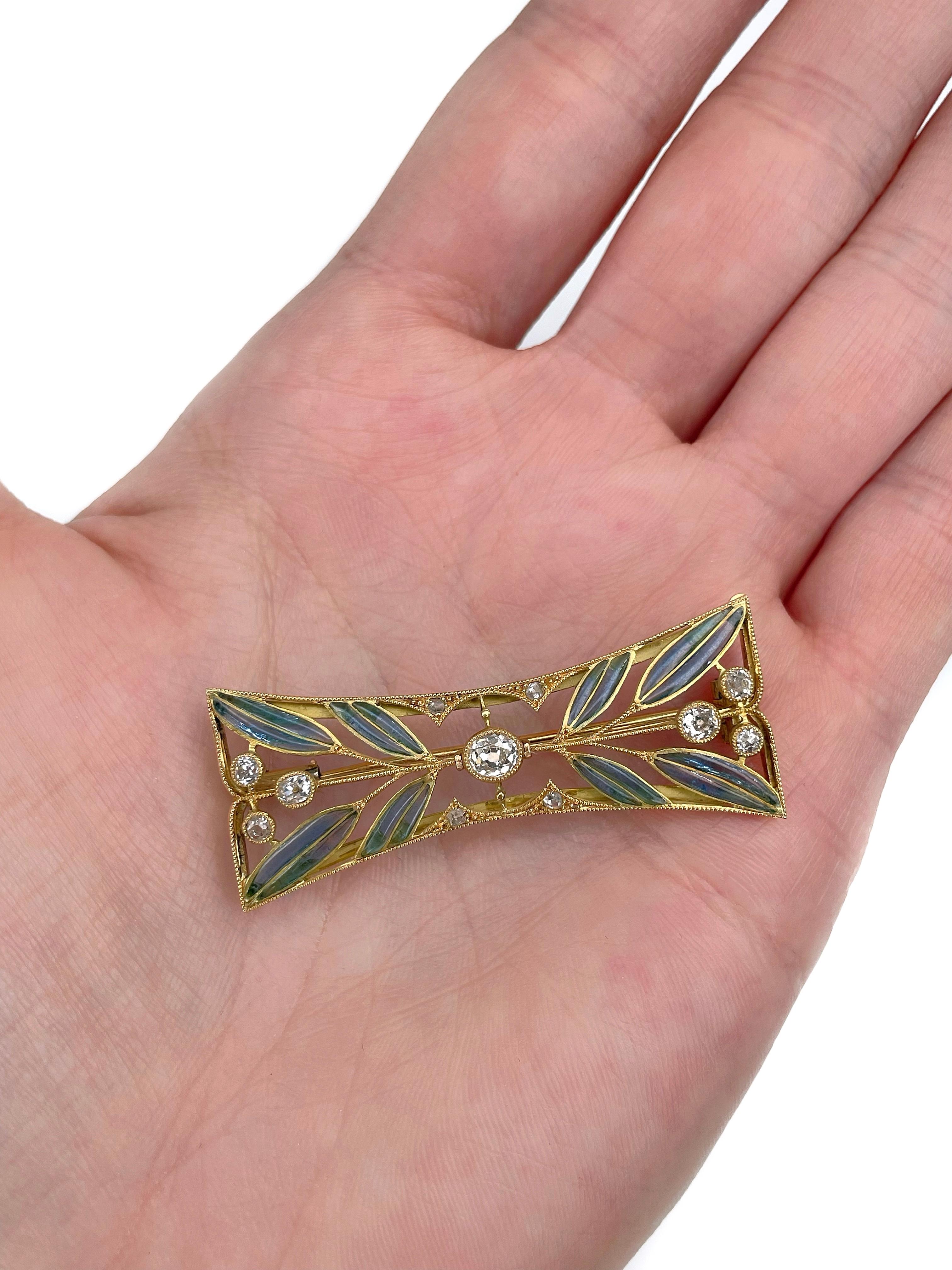 Mixed Cut Art Nouveau 18 Karat Gold Old Cut Diamond Plique-à-jour Enamel Floral Pin Brooch