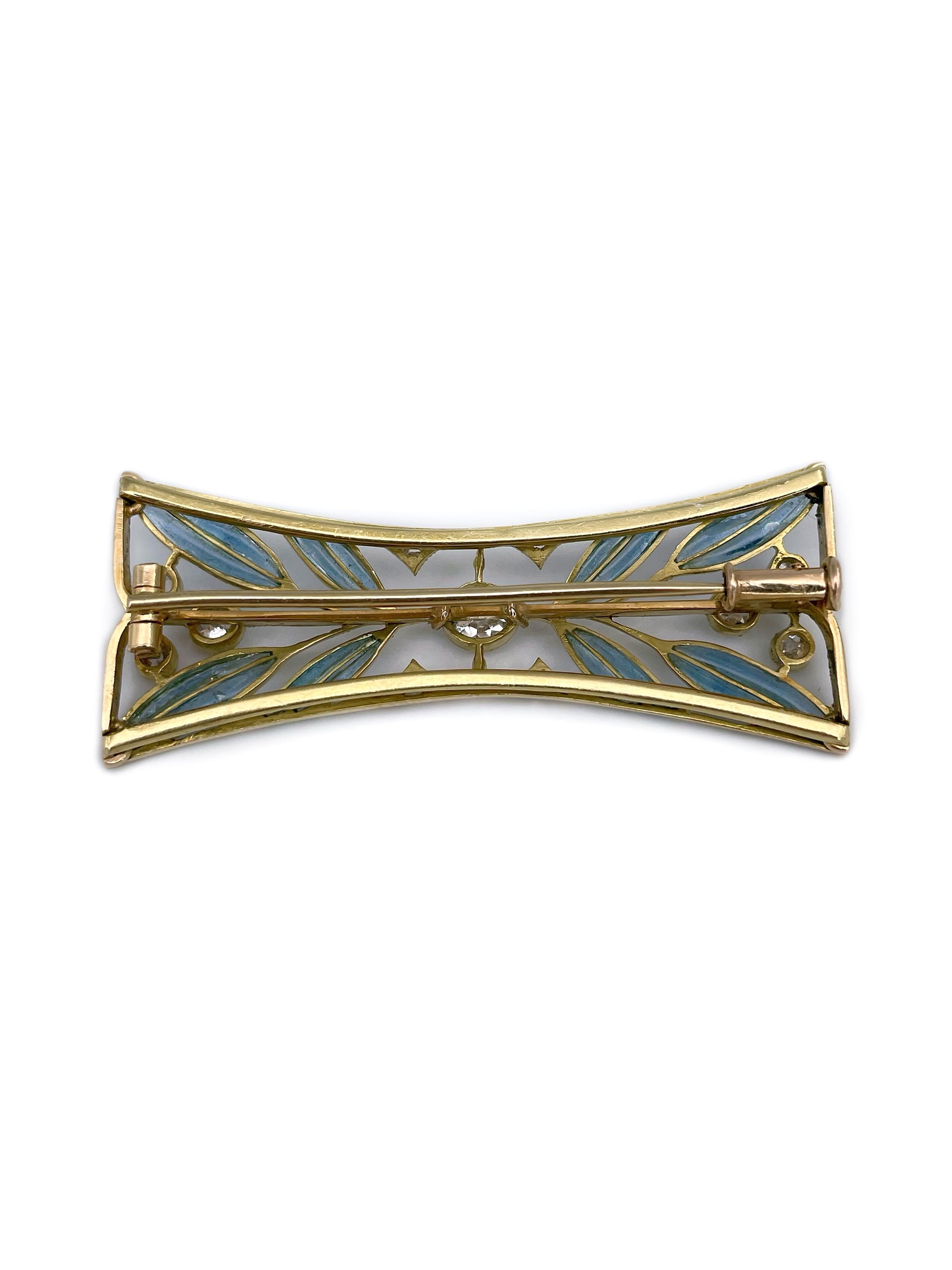 Art Nouveau 18 Karat Gold Old Cut Diamond Plique-à-jour Enamel Floral Pin Brooch In Good Condition In Vilnius, LT