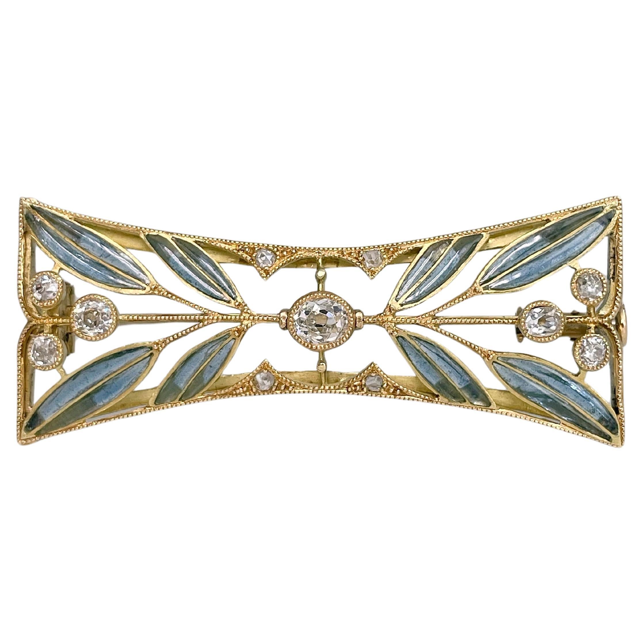 Art Nouveau 18 Karat Gold Old Cut Diamond Plique-à-jour Enamel Floral Pin Brooch