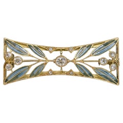 Antique Art Nouveau 18 Karat Gold Old Cut Diamond Plique-à-jour Enamel Floral Pin Brooch
