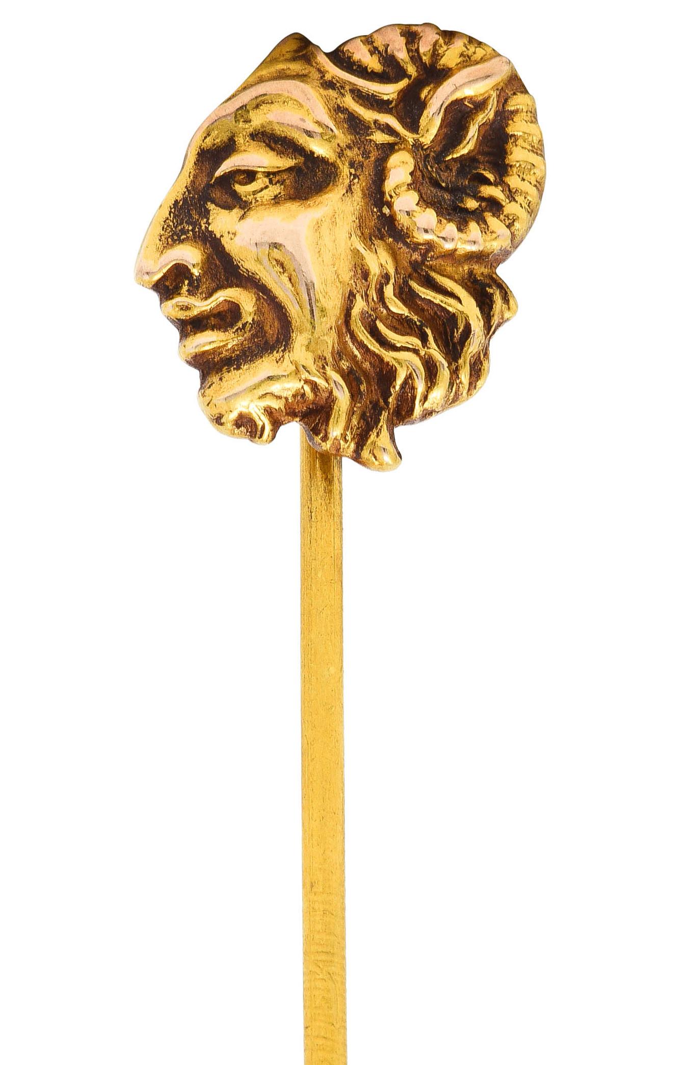 Épingle à cravate Art Nouveau Pan en or 18 carats avec tête de dieu grec mythologique Unisexe en vente