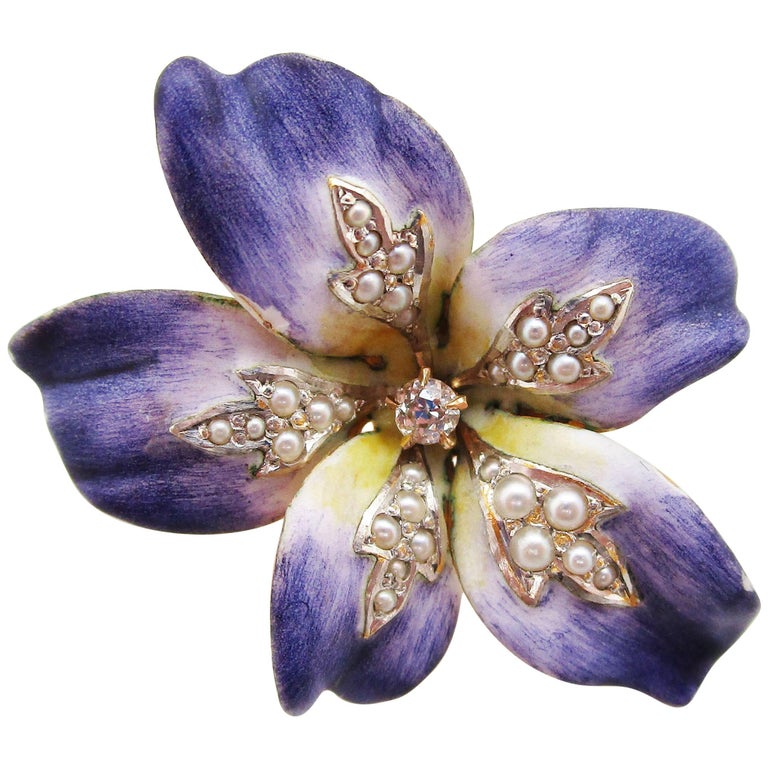 Art Nouveau 18 Karat Gold Platinum Enamel Diamond Seed Pearl Violet Pin ...