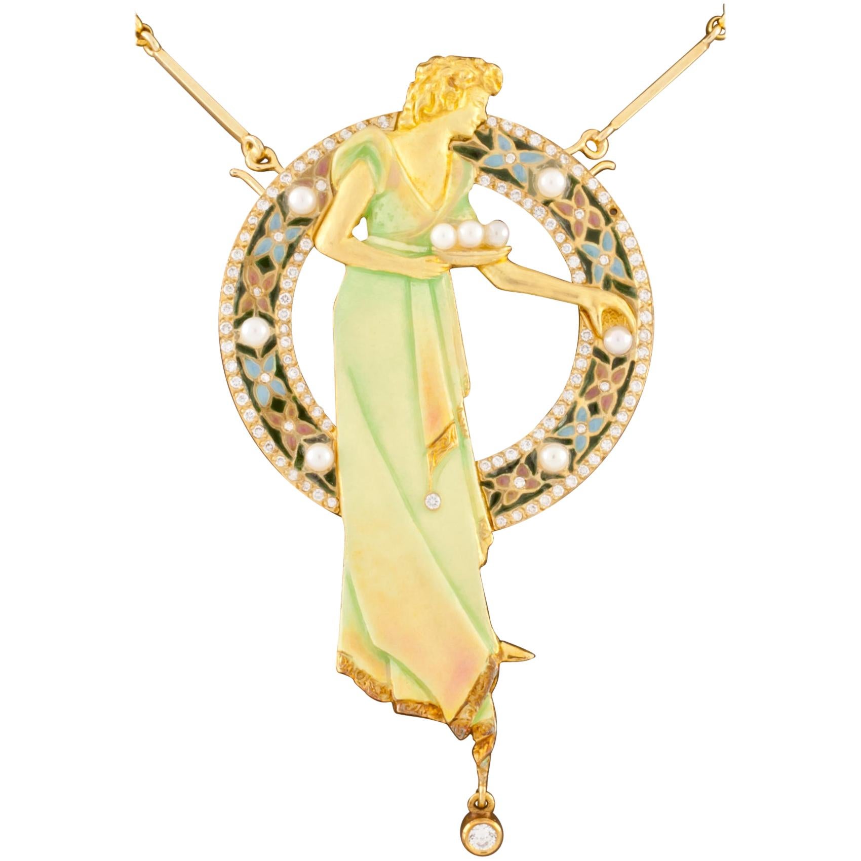 Art Nouveau 18 Karat Gold Plique-à-Jour Enamel, Pearl and Diamond Brooch Pendant For Sale