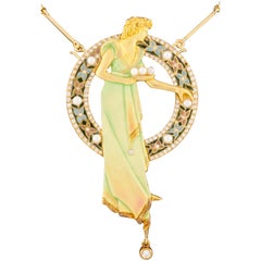 Art Nouveau Colgante Broche Plique-à-Jour de Oro de 18 Kilates con Esmalte, Perlas y Diamantes