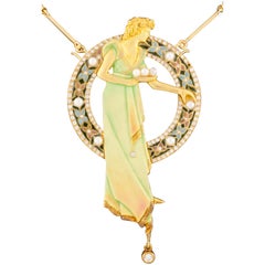 Vintage Art Nouveau 18 Karat Gold Plique-à-Jour Enamel, Pearl and Diamond Brooch Pendant