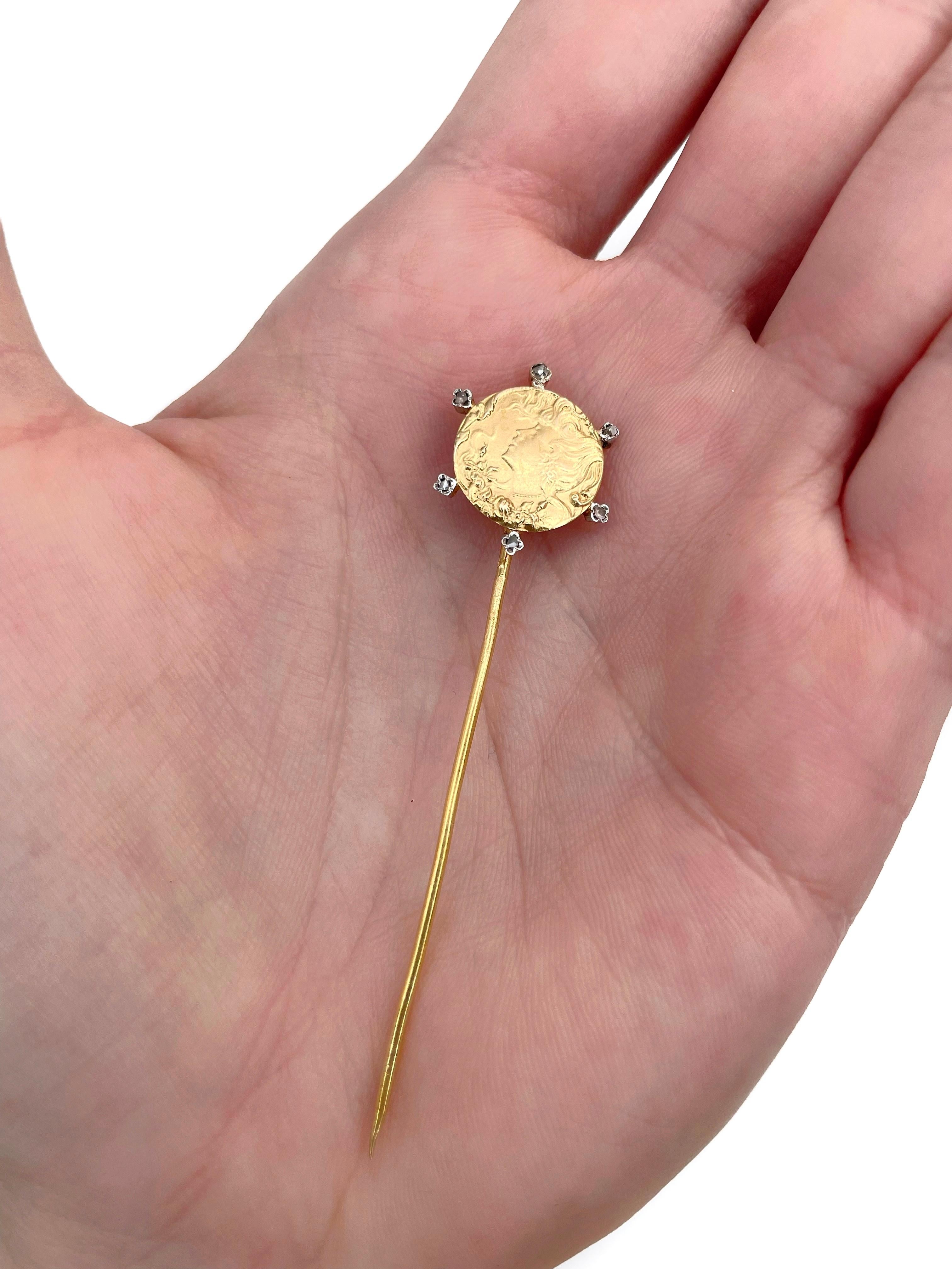 This is an Art Nouveau lady portrait stick pin brooch. It is crafted in 18K yellow gold. Circa 1890. 

The piece features rose cut diamonds. 

Weight: 2.56g
Length: 6.5cm
Diameter: 1.7cm

IMPORTANT: As a buyer, you are fully responsible for the