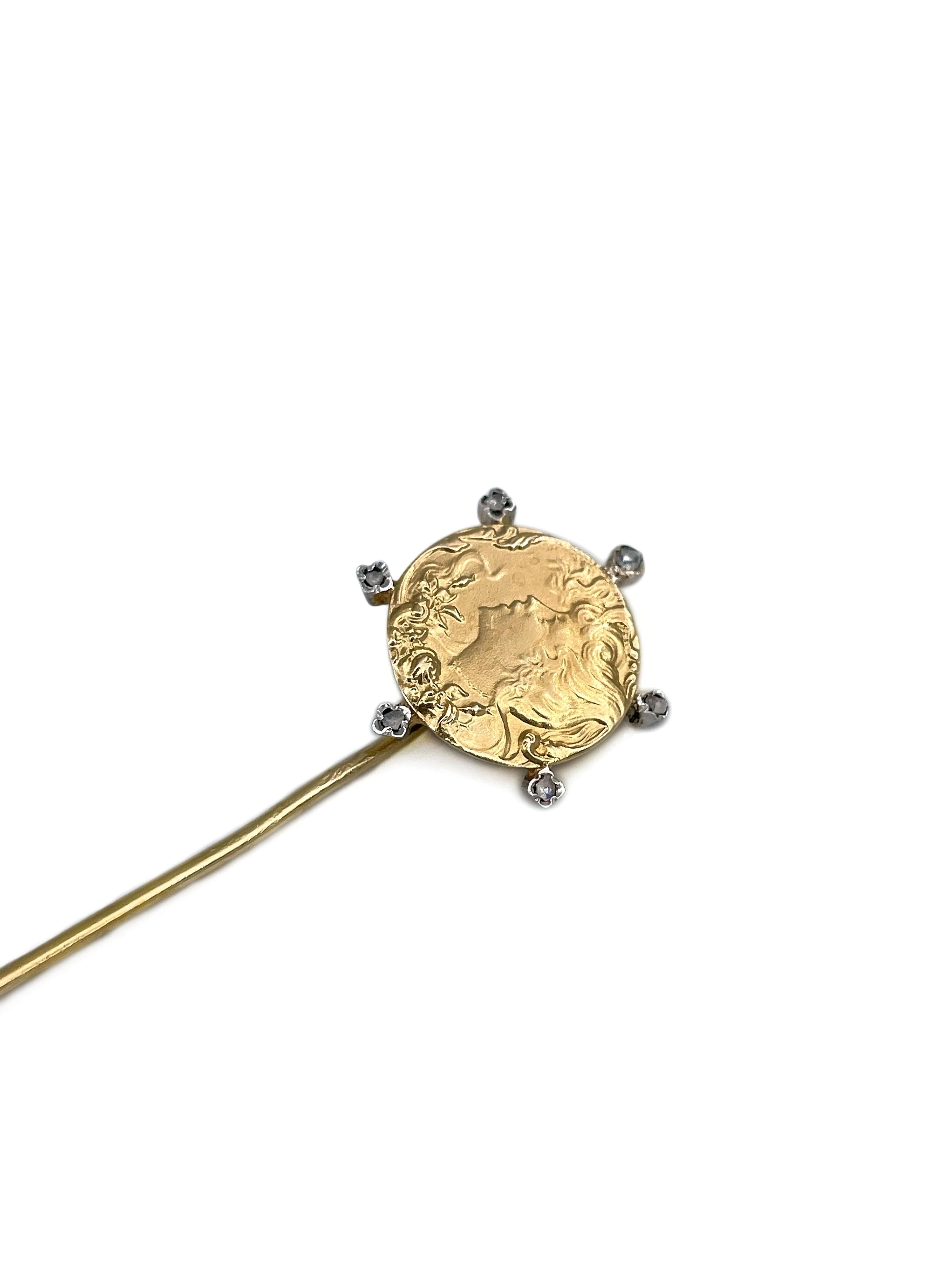 Art Nouveau 18 Karat Gold Rose Cut Diamond Lady Portrait Stick Pin Brooch In Good Condition For Sale In Vilnius, Vilniaus apskr.