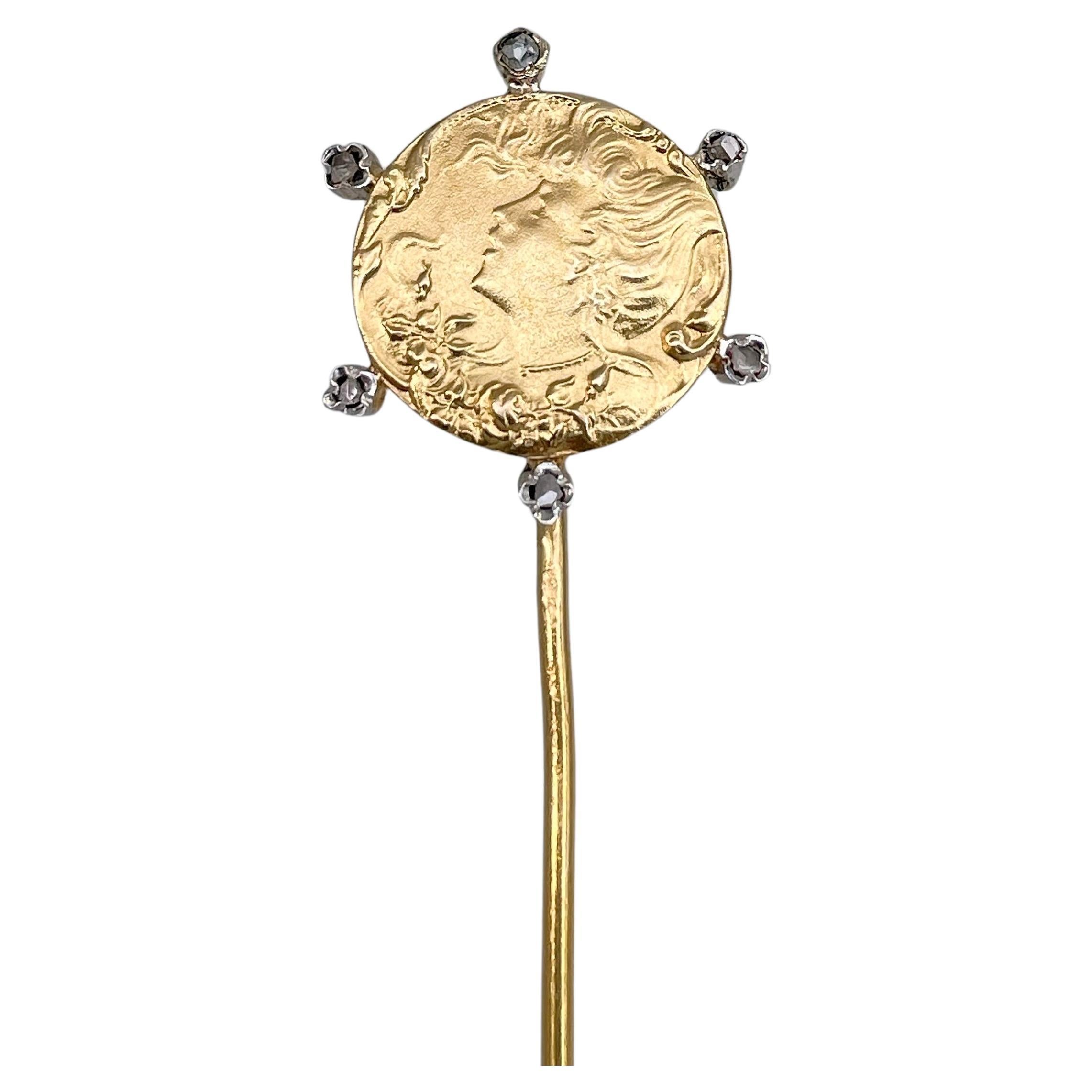 Art Nouveau 18 Karat Gold Rose Cut Diamond Lady Portrait Stick Pin Brooch