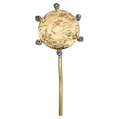 Art Nouveau 18 Karat Gold Rose Cut Diamond Lady Portrait Stick Pin Brooch