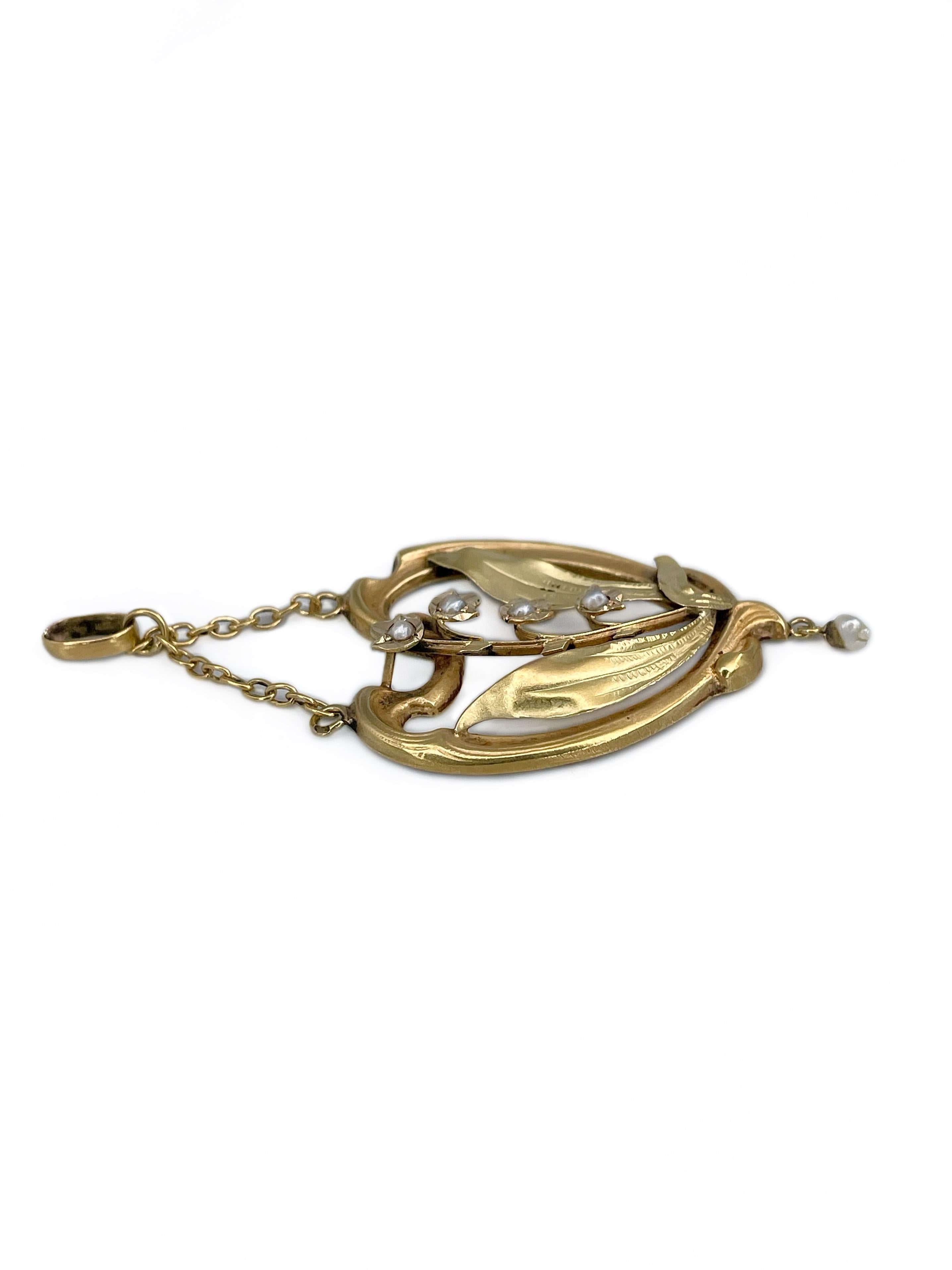 Art nouveau Collier pendentif Art Nouveau Lily Of The Valley en or 18 carats et perles de rocaille en vente