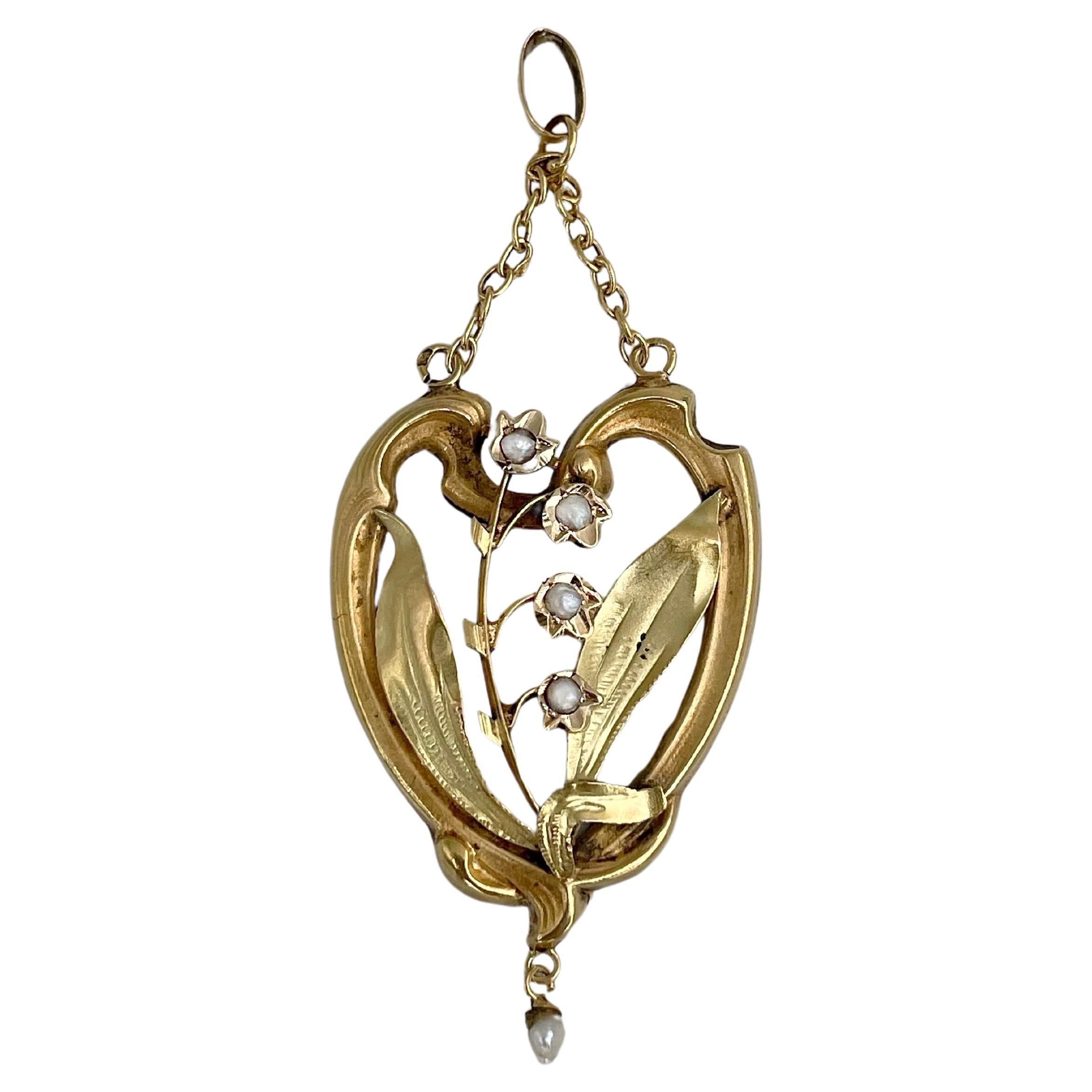 Halskette mit Jugendstil-Anhänger, 18 Karat Gold Saatperlen Lily Of The Valley