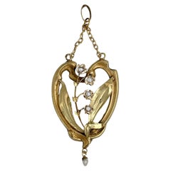 Antique Art Nouveau 18 Karat Gold Seed Pearl Lily Of The Valley Pendant Necklace