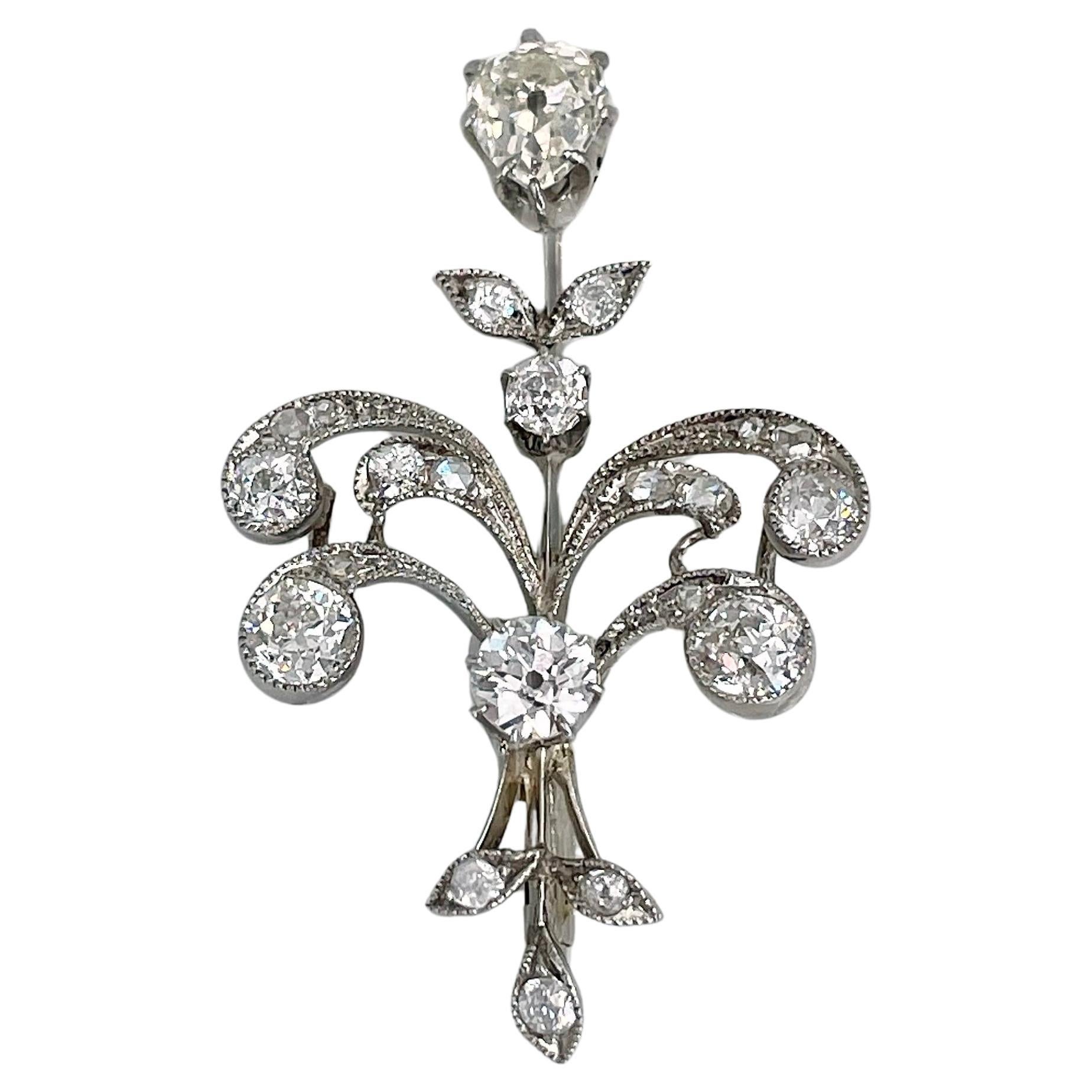 Art Nouveau 18 Karat Gold TW ~2.00 Carat Old Cut Diamond Floral Brooch Pendant