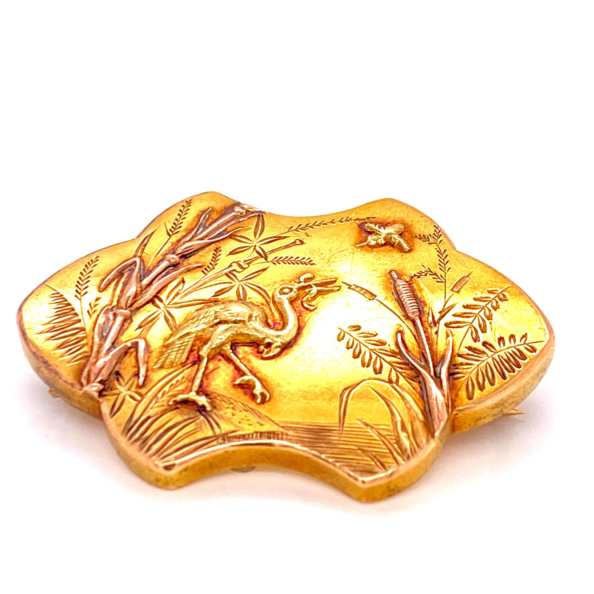 Original Art Nouveau 18 karat yellow gold beautifully handcrafted brooch featuring a nature scene.  The piece is circa late 1800's-early 1900's, and  measures 1.0 x 1.5 inches and weighs 7.2 grams. Good condition.