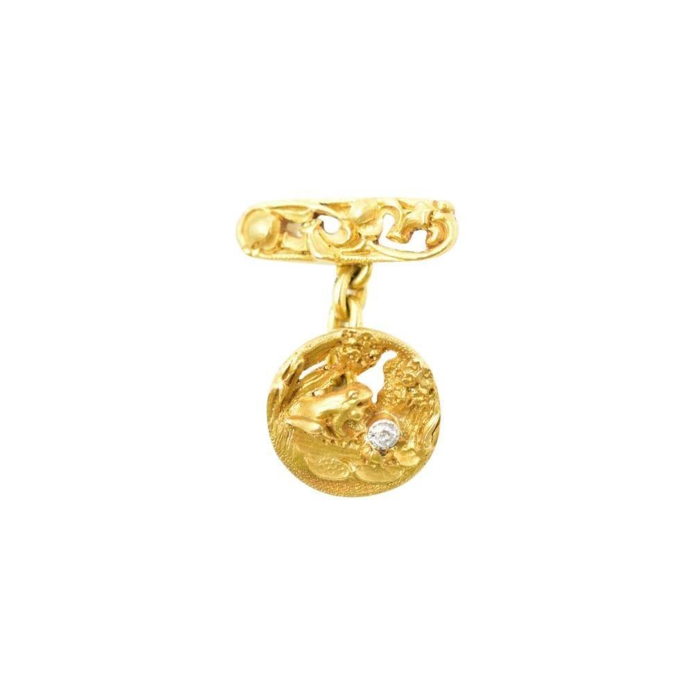 Art Nouveau Diamond 18 Karat Gold Frog Lily Pad Men's Cufflinks In Excellent Condition In Philadelphia, PA