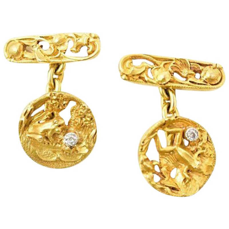Art Nouveau Diamond 18 Karat Gold Frog Lily Pad Men's Cufflinks