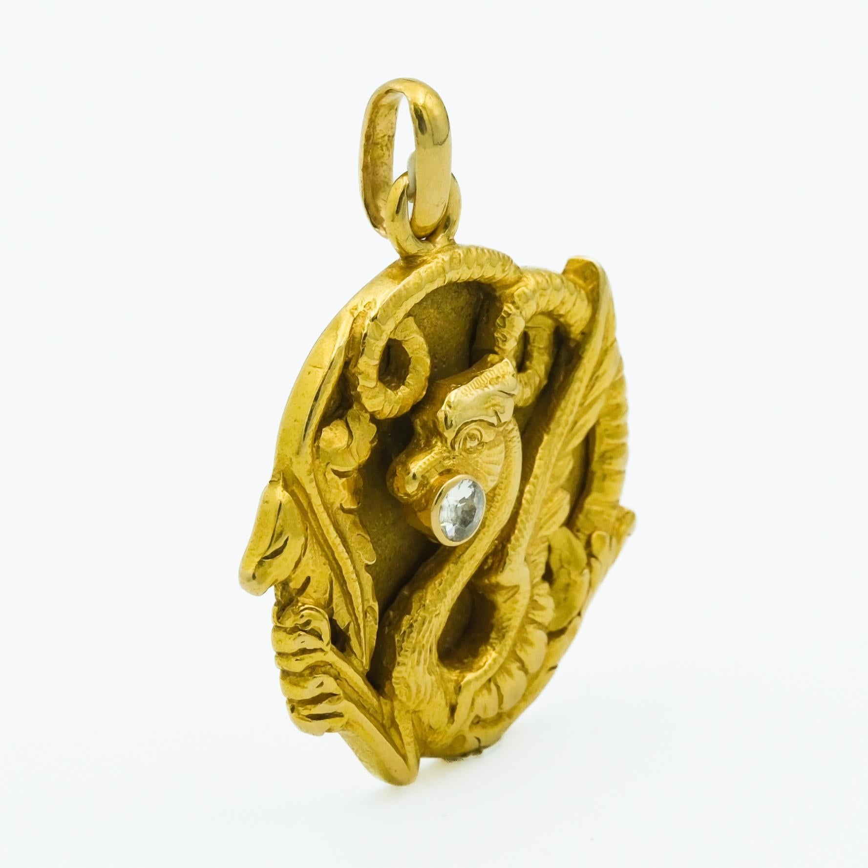 Art Nouveau 18 Karat Yellow Gold Handmade Dragon Figural Pendant with Diamond In Good Condition For Sale In Fairfield, CT