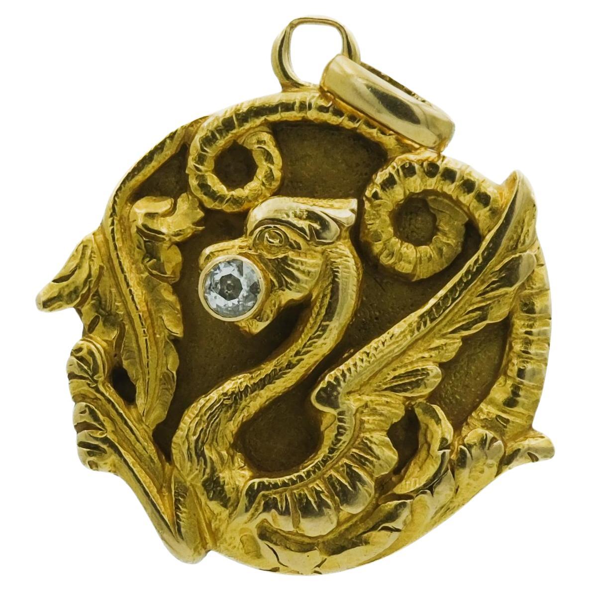 Art Nouveau 18 Karat Yellow Gold Handmade Dragon Figural Pendant with Diamond