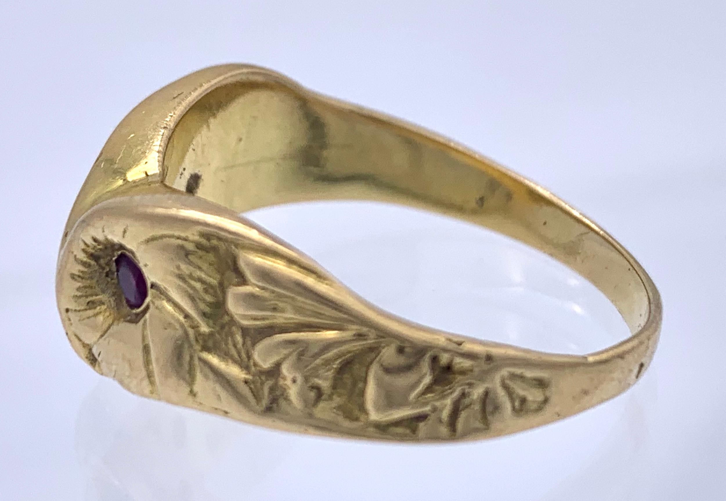 Round Cut Art Nouveau 18 Karat Yellow Gold Ruby Owl Ring Wisdom Athena