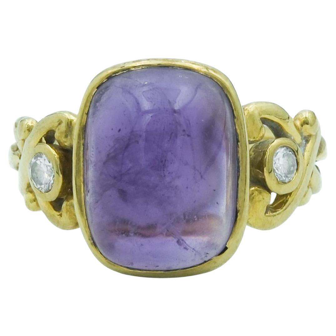 Art Nouveau 18 Karat Yellow Gold Sugarloaf Amethyst and Diamond Ring For Sale