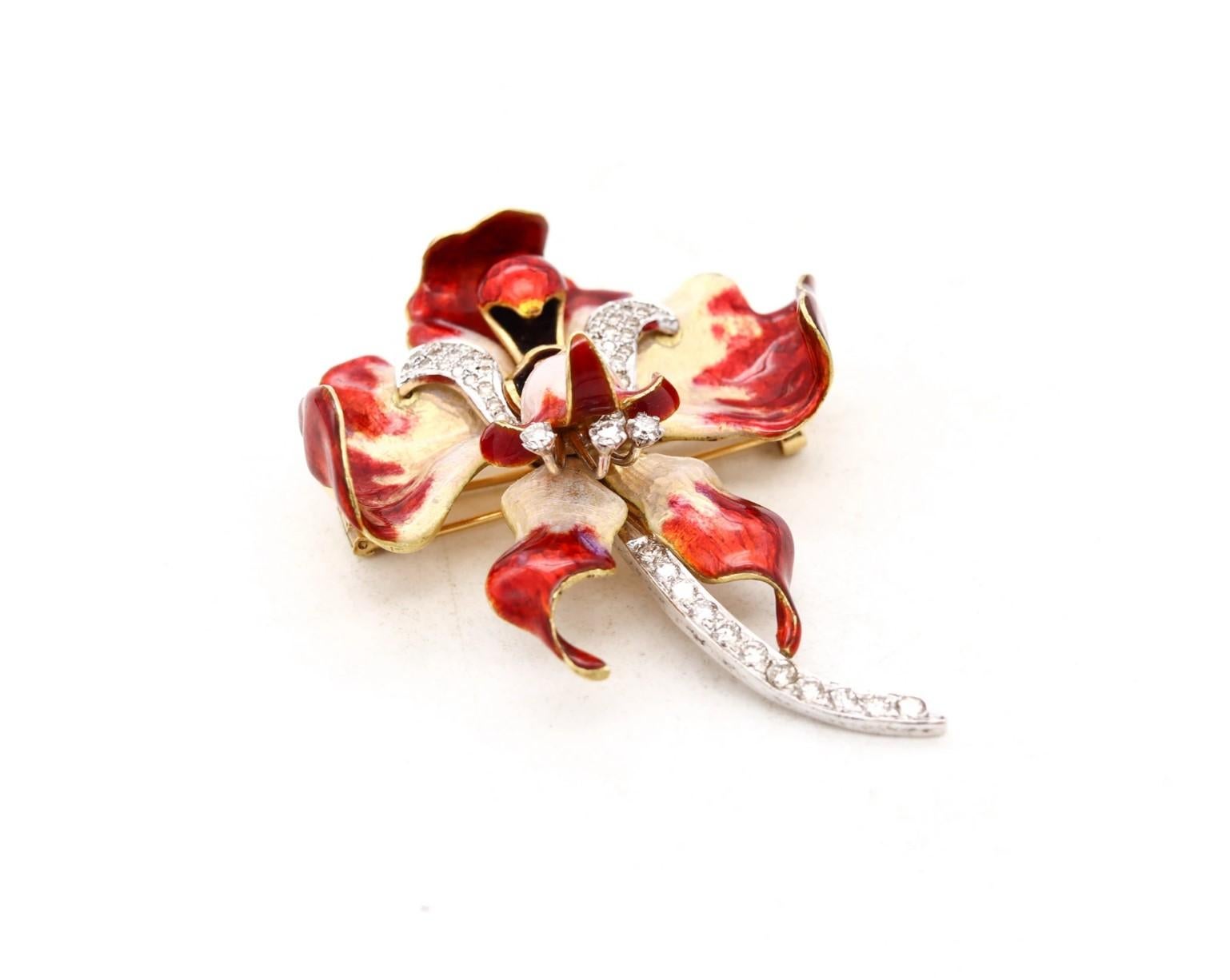 Enameled Art Nouveau Red orchid brooch attributed to Tiffany & Co.

Fabulous and gorgeous piece created in Europe probably France, during the Art-Nouveau period, circa 1880-1900. It was carefully crafted, with stunning details in the shape of a Red