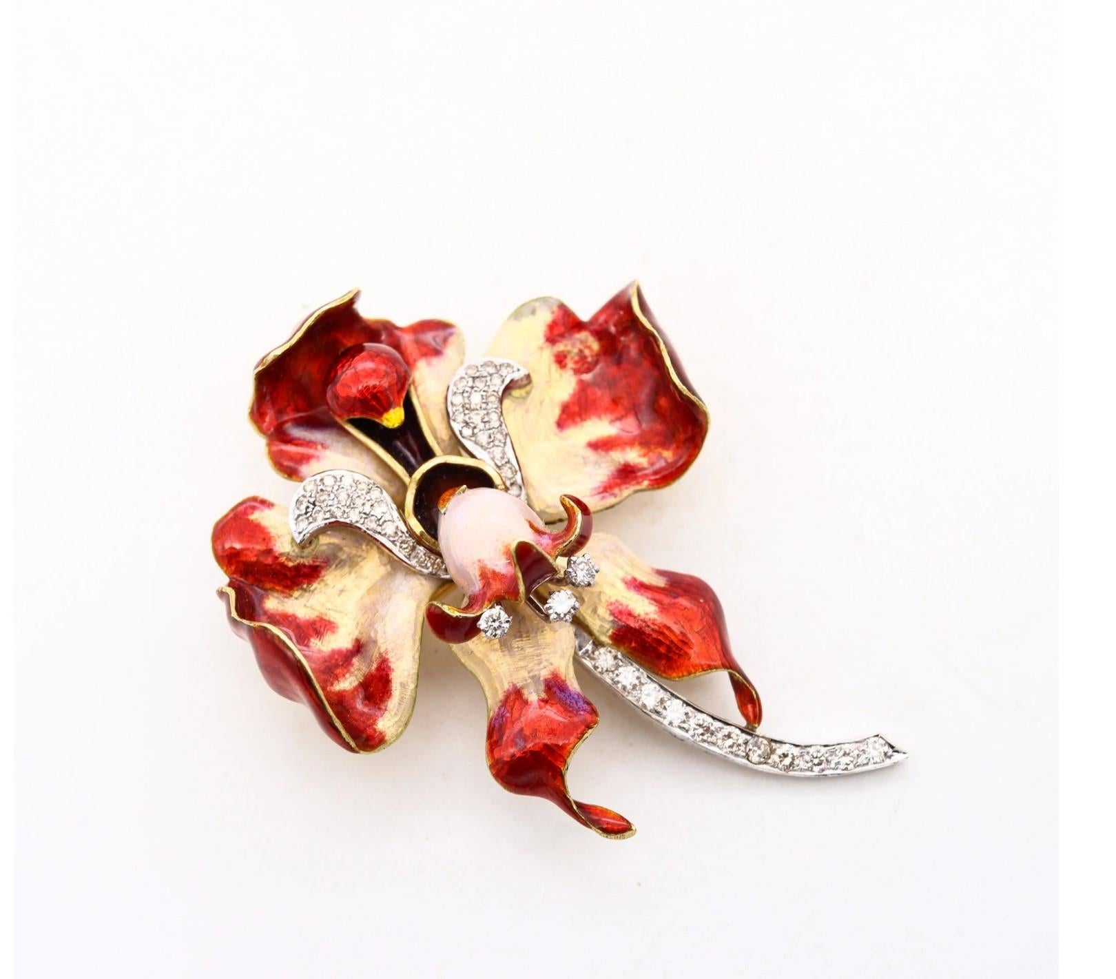 Old European Cut Art Nouveau 1880-1900 Enamel Red Orchid Brooch 18Kt Gold Platinum with Diamonds
