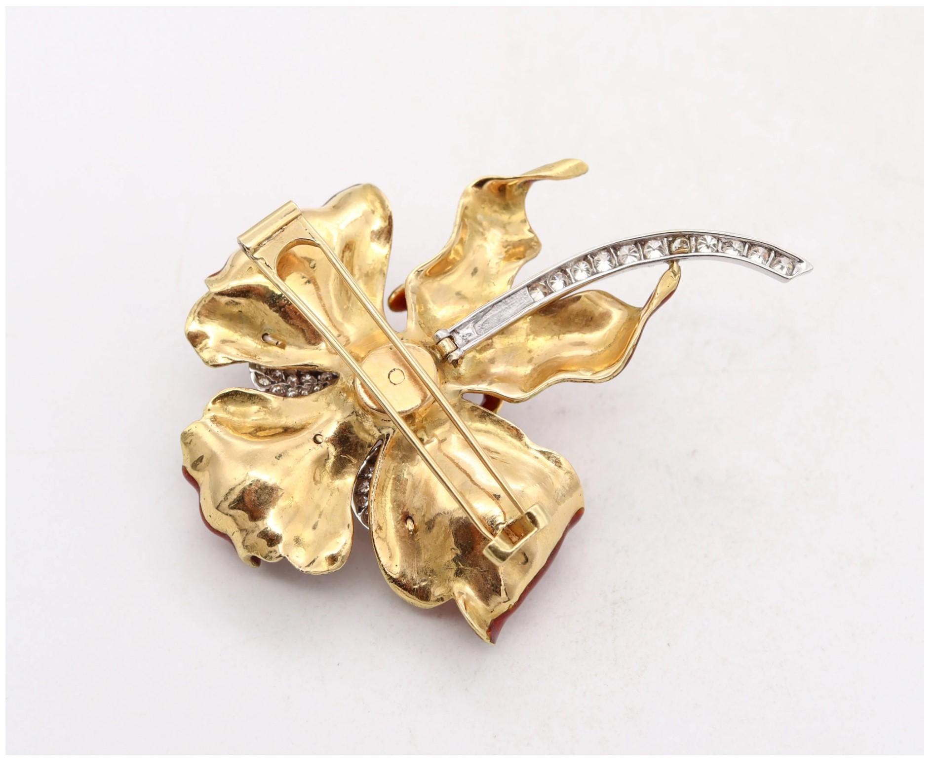 Old European Cut Art Nouveau 1880-1900 Enamel Red Orchid Brooch 18Kt Gold Platinum with Diamonds