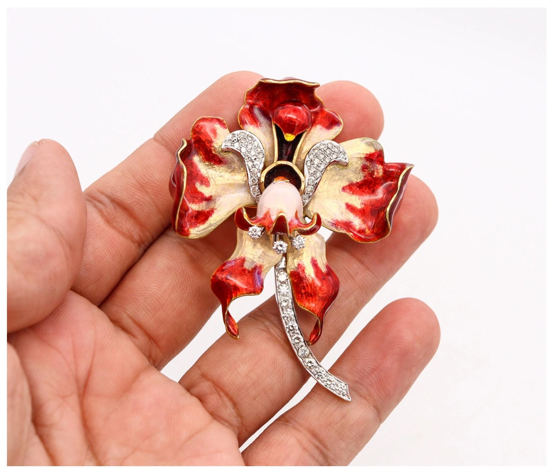 Art Nouveau 1880-1900 Enamel Red Orchid Brooch 18Kt Gold Platinum with Diamonds In Excellent Condition In Miami, FL