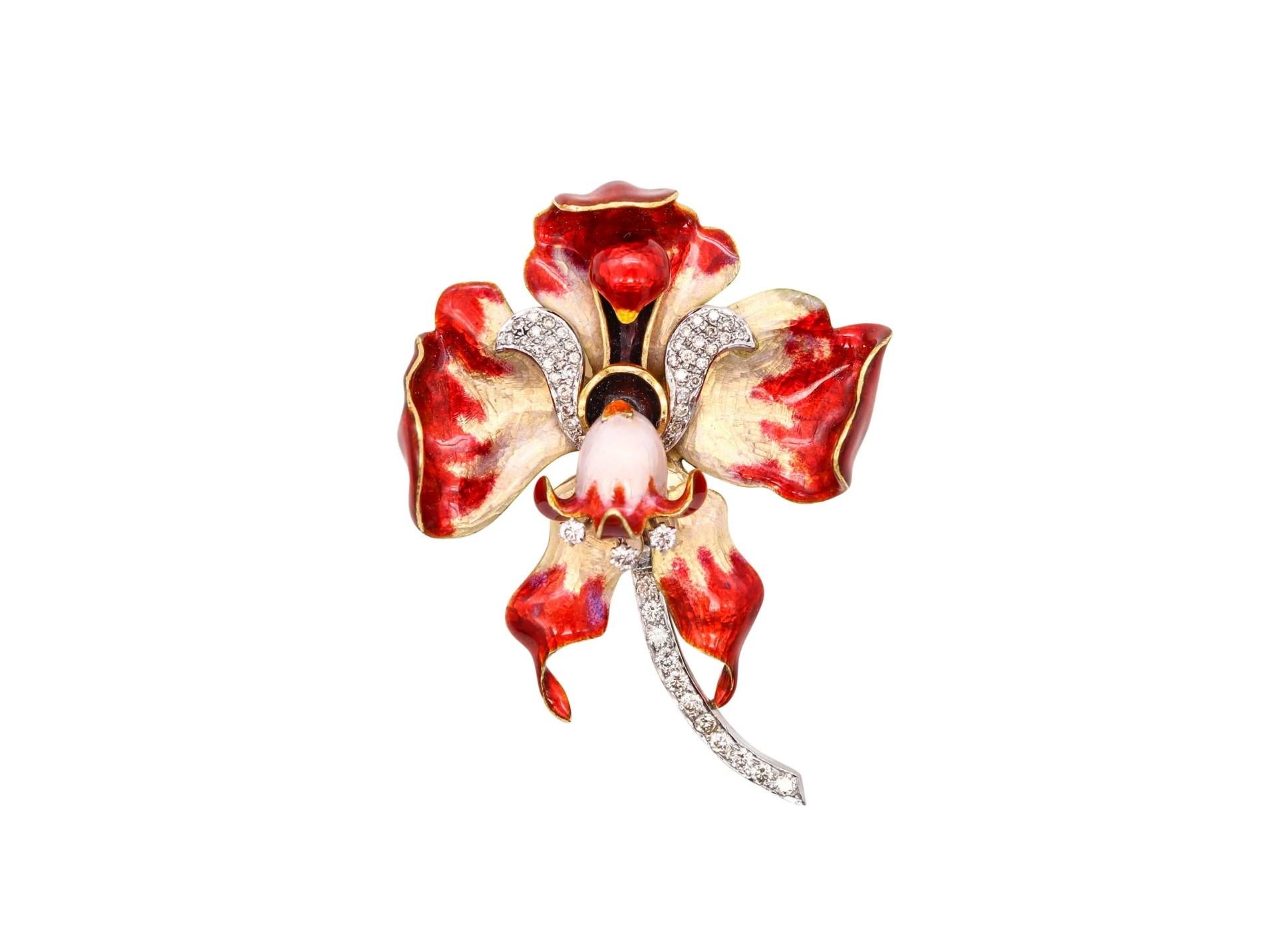 Art Nouveau 1880-1900 Enamel Red Orchid Brooch 18Kt Gold Platinum with Diamonds 1