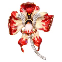 Art Nouveau 1880-1900 Enamel Red Orchid Brooch 18Kt Gold Platinum with Diamonds