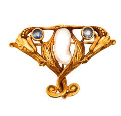 Broche Art Nouveau 1890 en or 14 carats, saphirs du Montana et perle de la rivière Mississippi