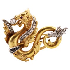 Art Nouveau 1890 Dragon Pendant Brooch in 18kt Gold & Platinum with Diamonds