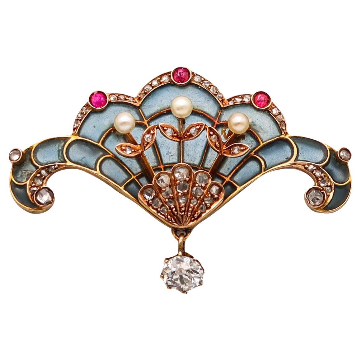 Art Nouveau 1890 Plique a Jour Pendant Brooch in 18kt Gold Diamonds Pearls Ruby
