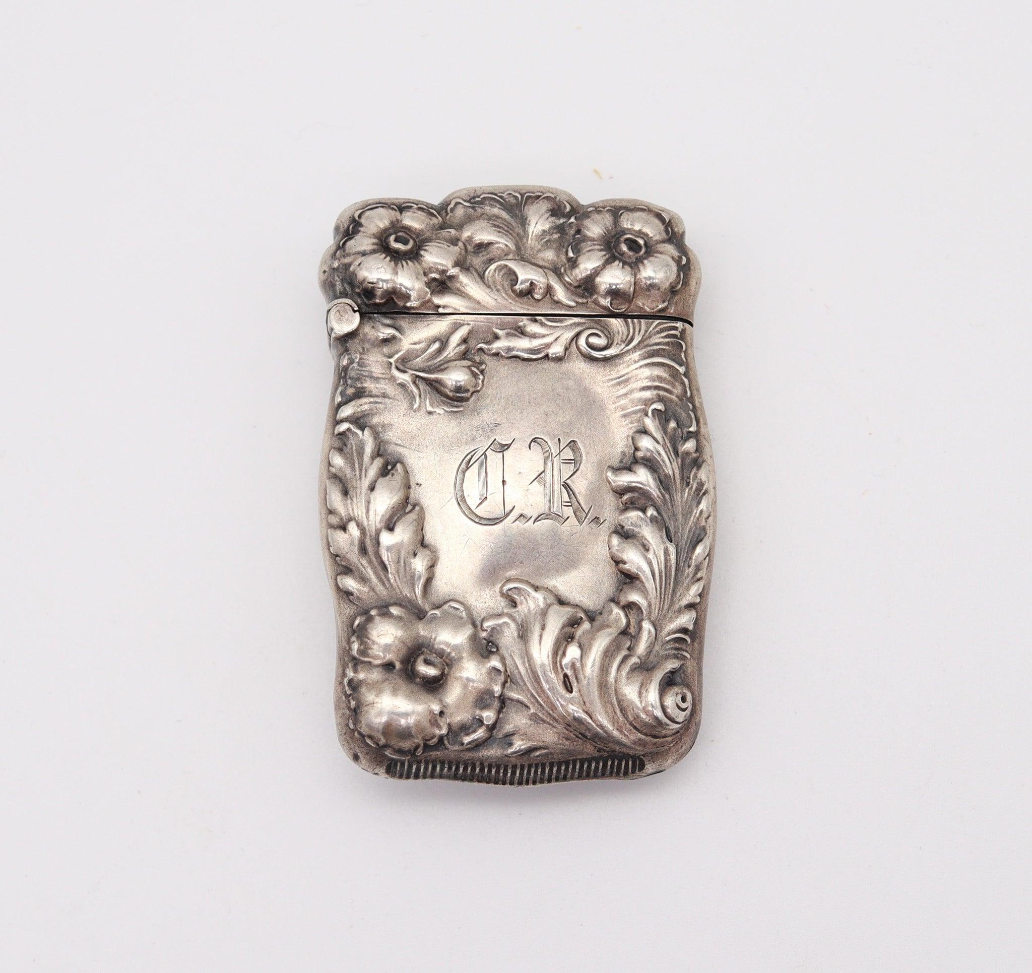 An antique vesta box with art-nouveau motifs.

This is an amazing and rare vesta matches box, created in America with Art-Nouveau motifs, back in the 1890-95. The vesta box has been crafted in solid sterling silver with embossed and repoussé designs