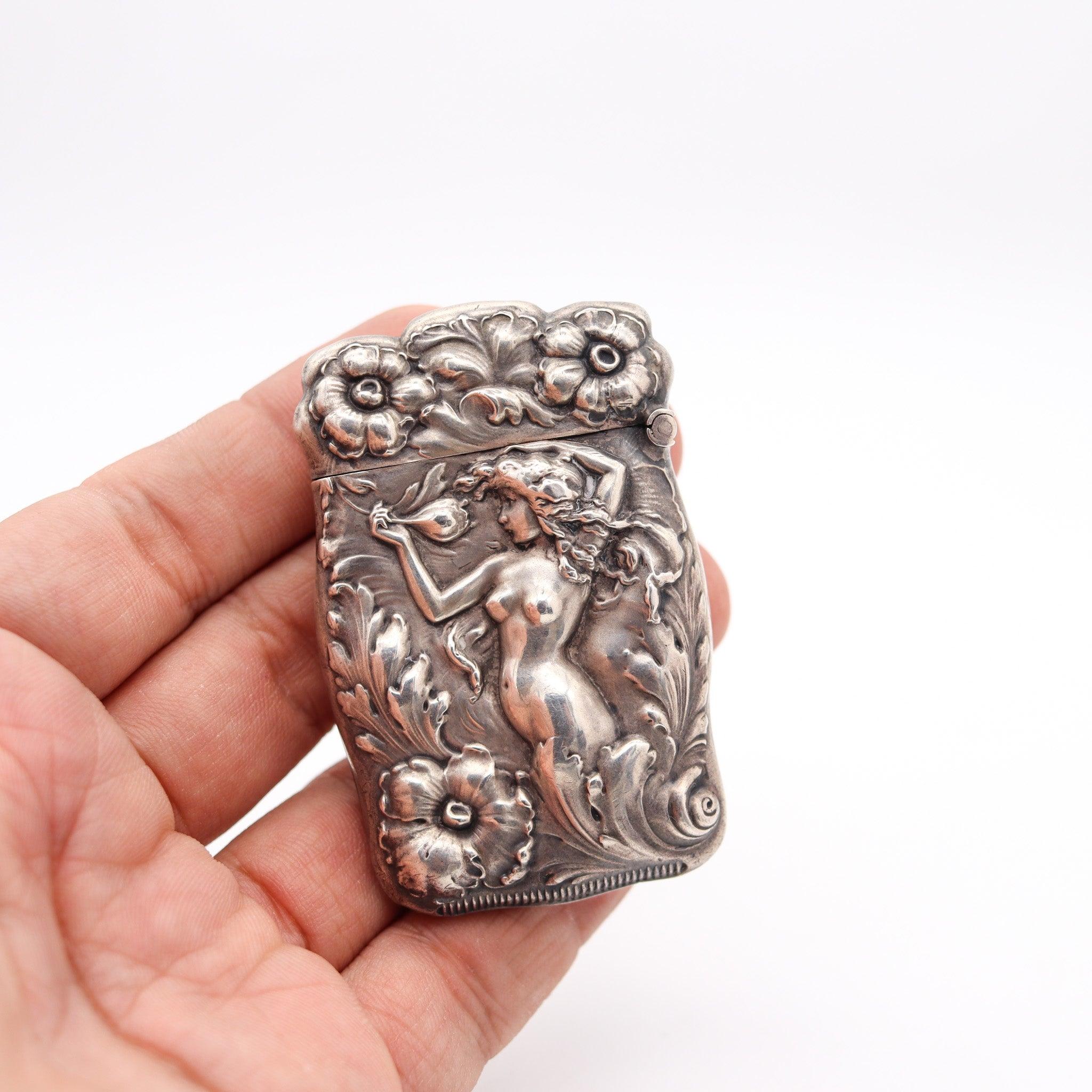Hand-Crafted ART-NOUVEAU 1890 Vesta Matches Box With Floriated Repousse In .925 Sterling For Sale