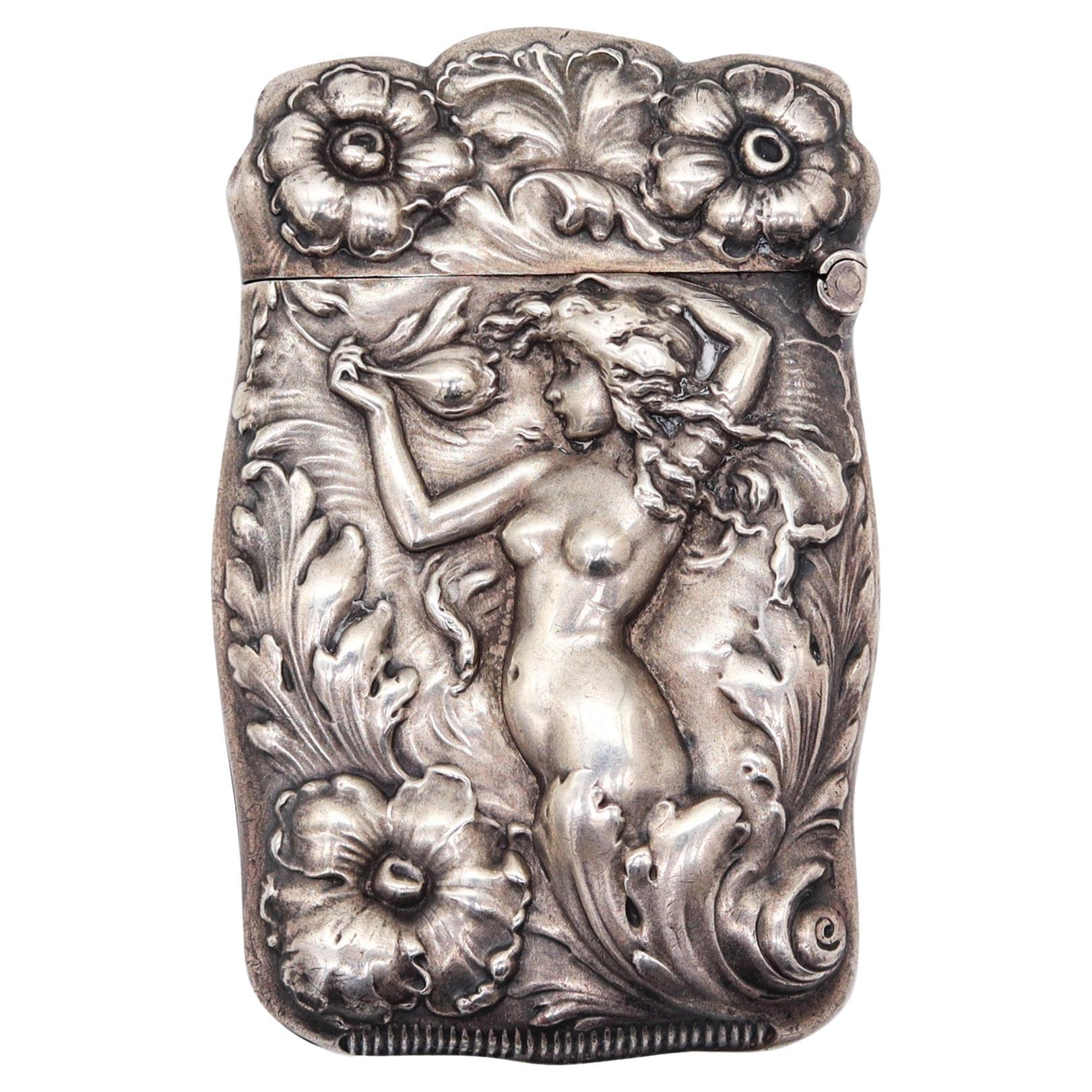 ART-NOUVEAU 1890 Vesta Matches Box With Floriated Repousse In .925 Sterling For Sale