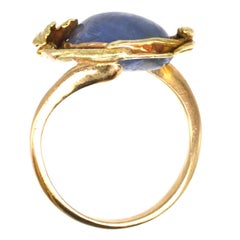 Art Nouveau 18ct Gold Double Cabochon Sapphire Ring with a Flower and Bud