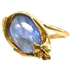 Art Nouveau 18ct Gold Double Cabochon Sapphire Ring with a Flower and Bud