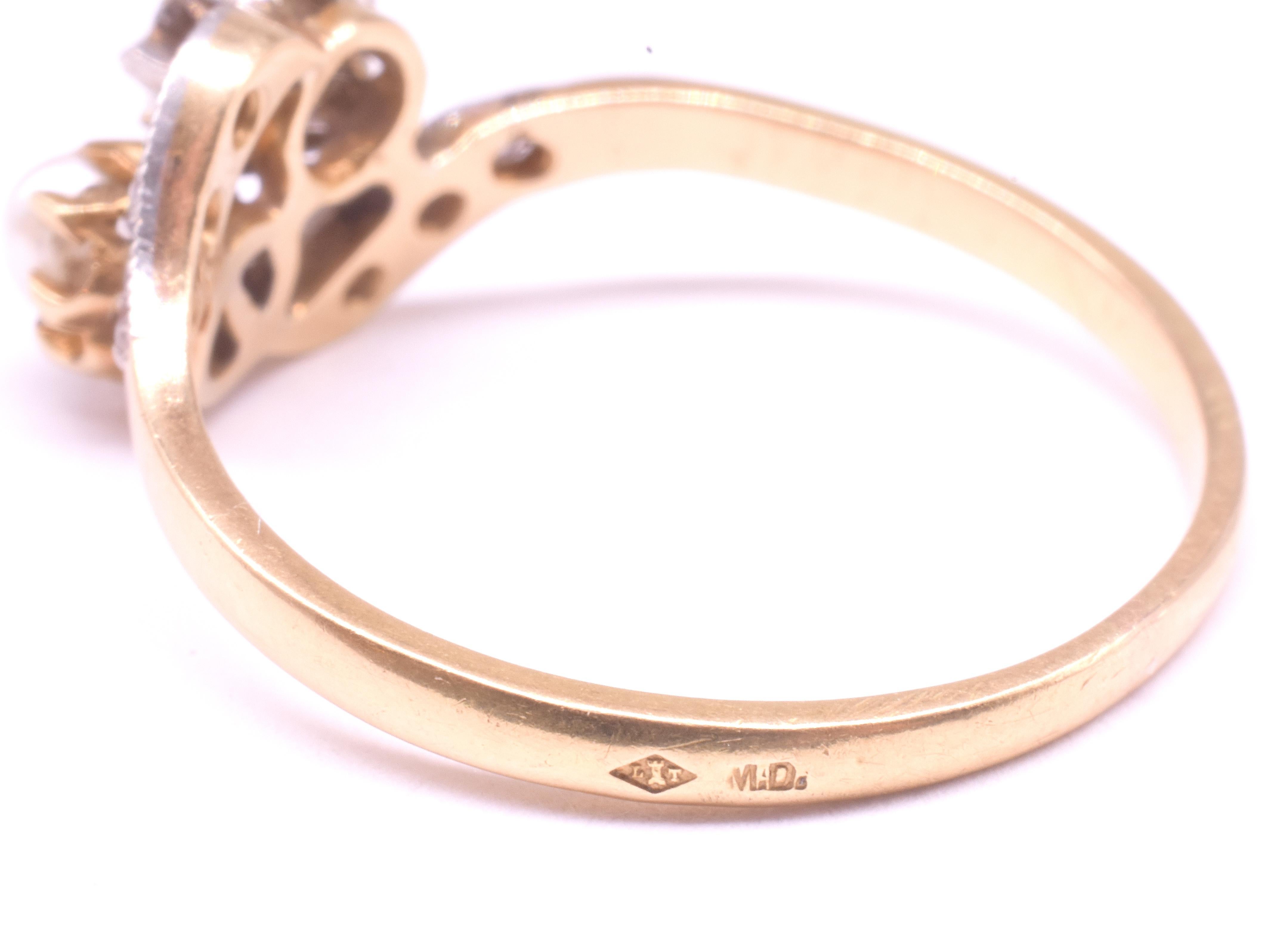 Art Nouveau 18ct & Platinum Flower Sprig Ring with Diamonds & a Natural Pearl en venta 8
