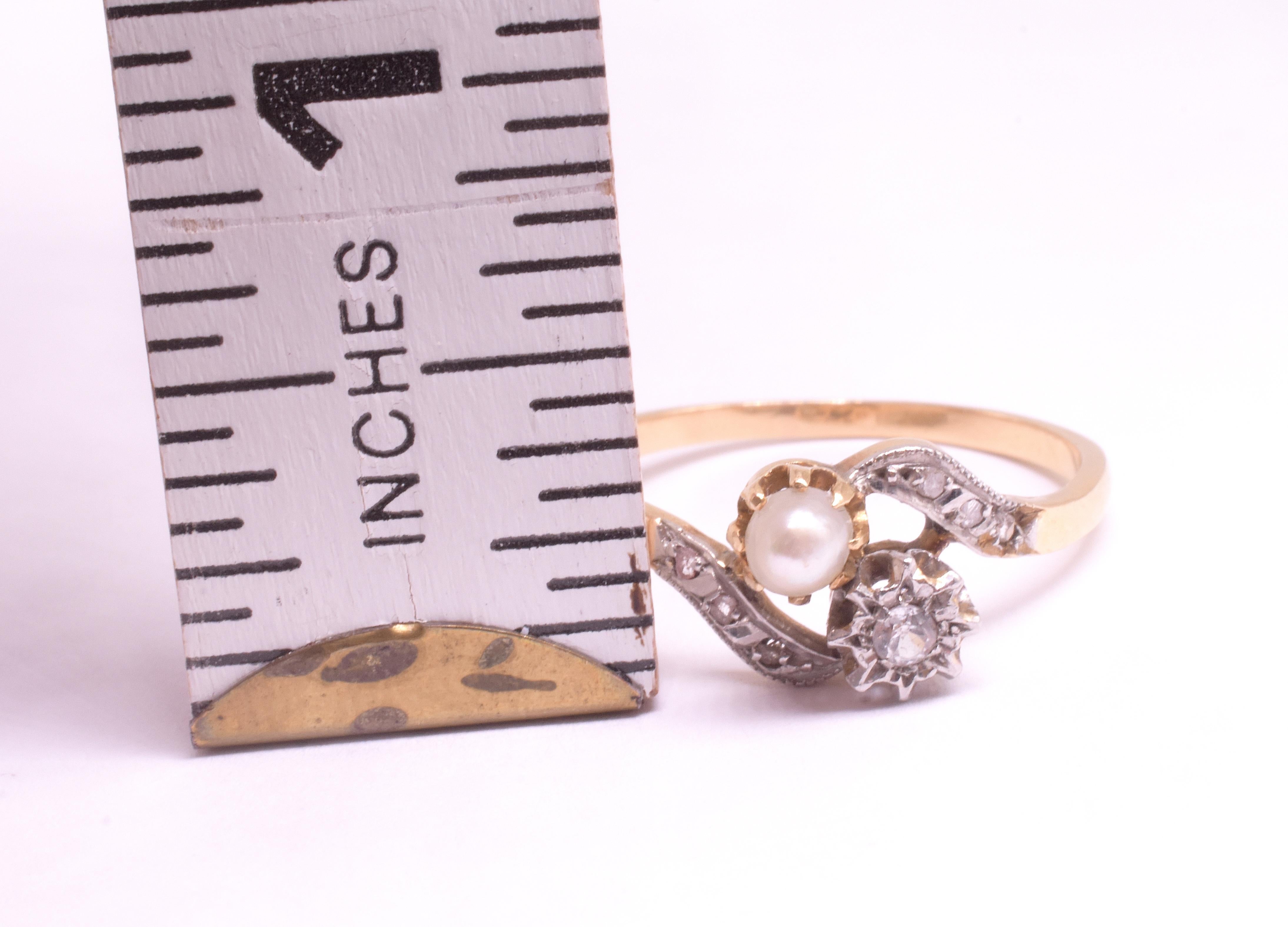Art Nouveau 18ct & Platinum Flower Sprig Ring with Diamonds & a Natural Pearl en venta 11